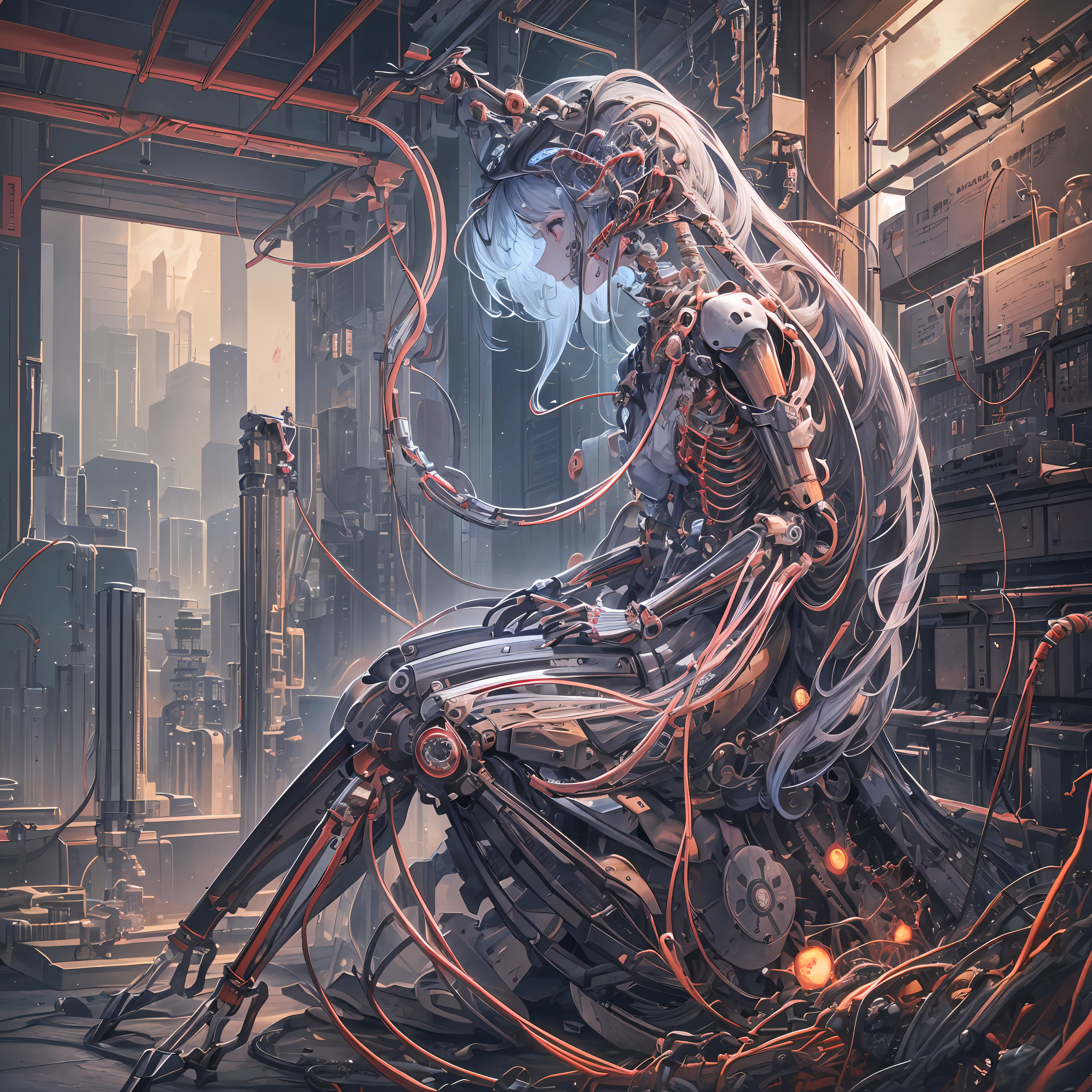 (Masterpiece, Top Quality, Best Quality, Official Art, Beautiful Indulgence: 1.2), (1 Girl: 1.3), Very Detailed, Colorful, Supreme Detail ((Ultra Detailed)), (Highly Detailed CG Illustration), (Very Delicate and Beautiful)), (From the Side), Cinematic Light, (1 Machine Girl)), Solo, Full Body, (Mechanical Joints: 1.2), ((Mechanical limbs)), (Blood vessels connected to tubes), ( Mechanical vertebrae attached to the back), ((mechanical cervical vertebrae attached to the neck)), (sitting), expressionless, (wires and cables attached to the neck: 1.2), (head wires and cables: 1.2) (character focus), science fiction, fantasy landscape --auto --s2