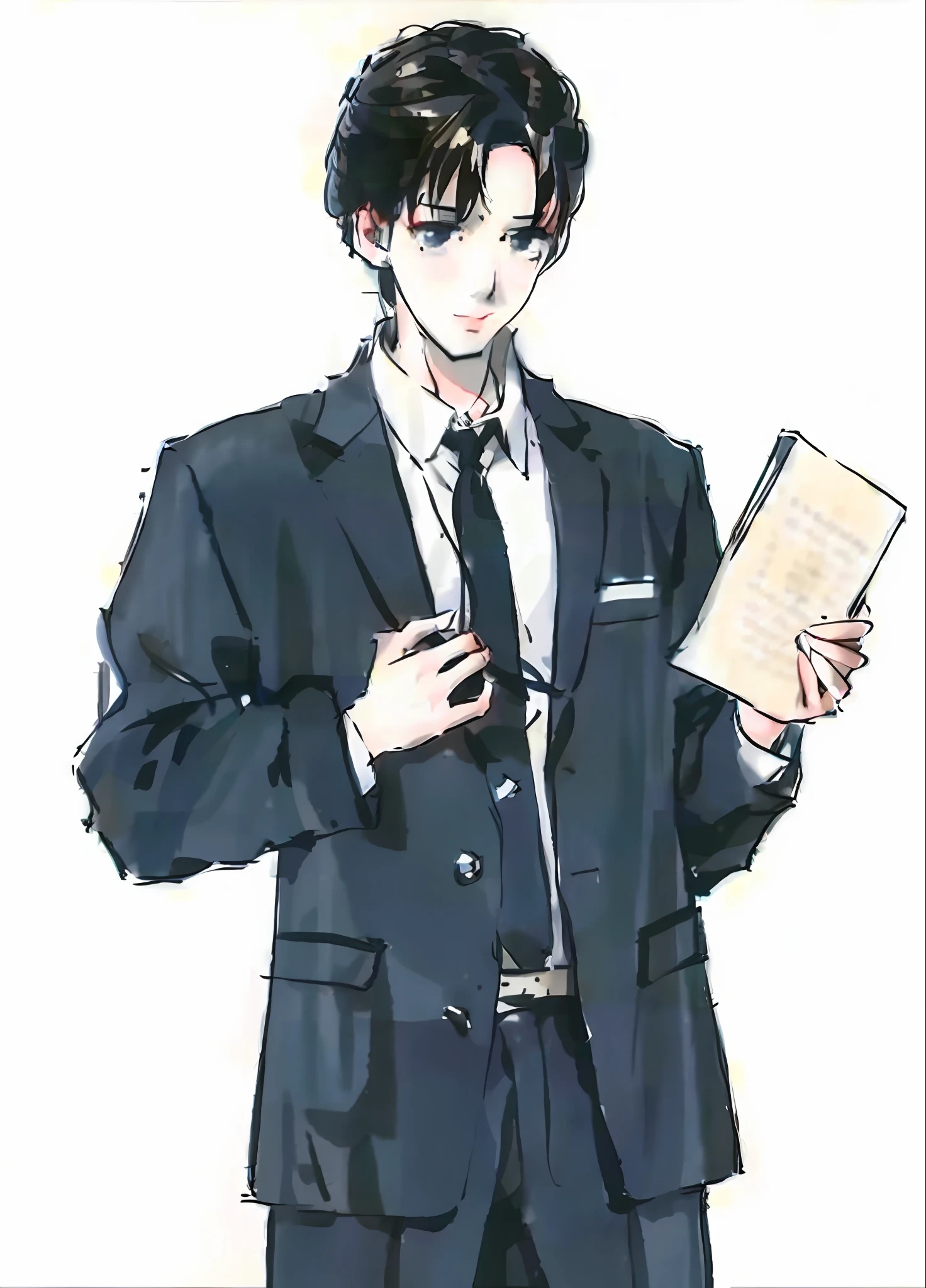 a close up of a person in a suit holding a book, kentaro miura manga style, kentaro miura manga art style, anime handsome man, kousuke oono, manga style of kentaro miura, inspired by Hisui Sugiura, handsome anime pose, as an anime character, male anime character, takumi fujiwara, in a strict suit
