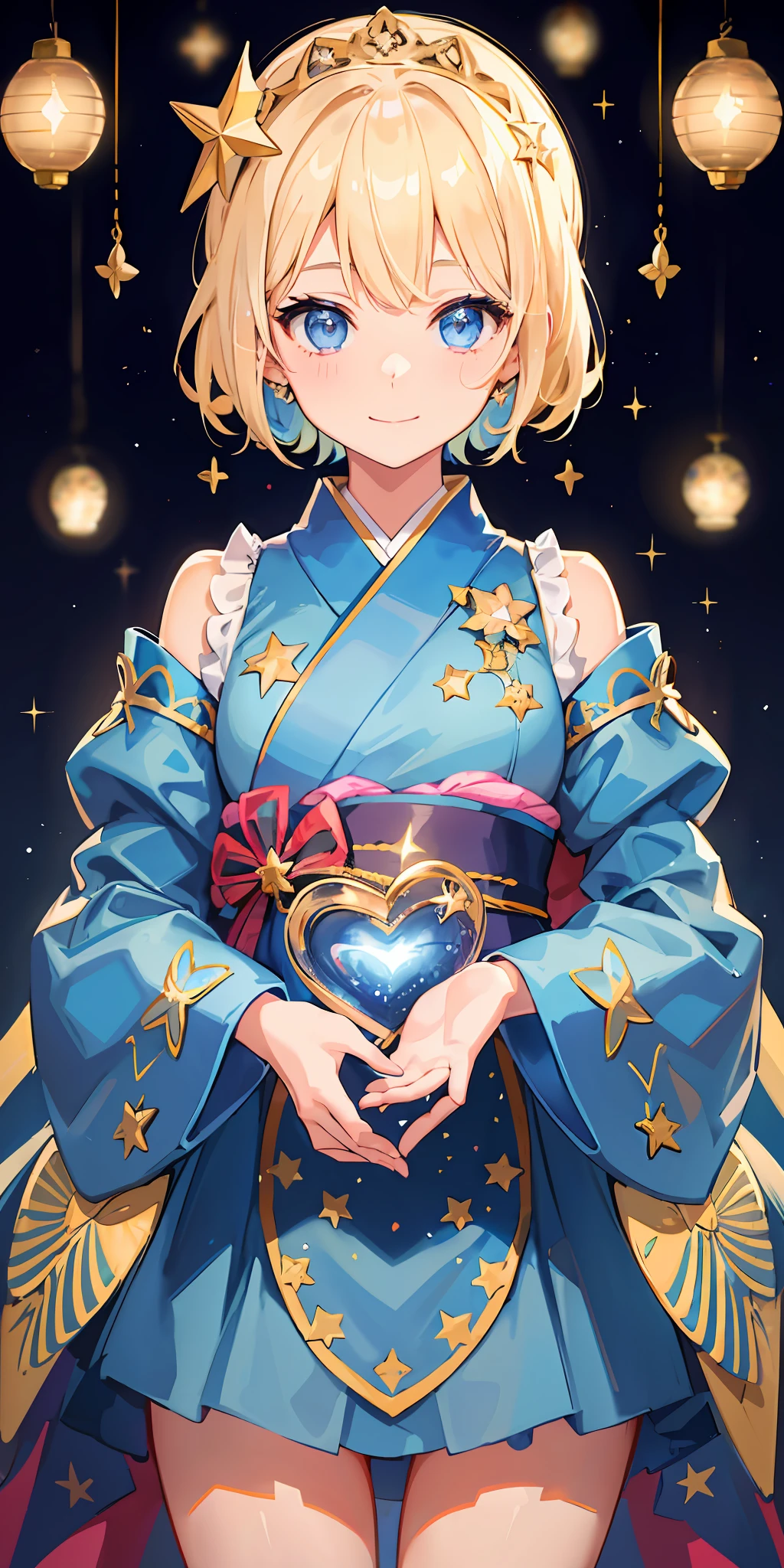 1girl, bright, blonde, light blue eyes, heart motif, star, moon, short hair, uniform bangs, multicolored hair, princess, saleme, side lights, light particles, wallpaper, big, plump, idol, idol costume, cute costume, fabulous costume, kimono, loose, smile, gentle, clear, loli, sexy