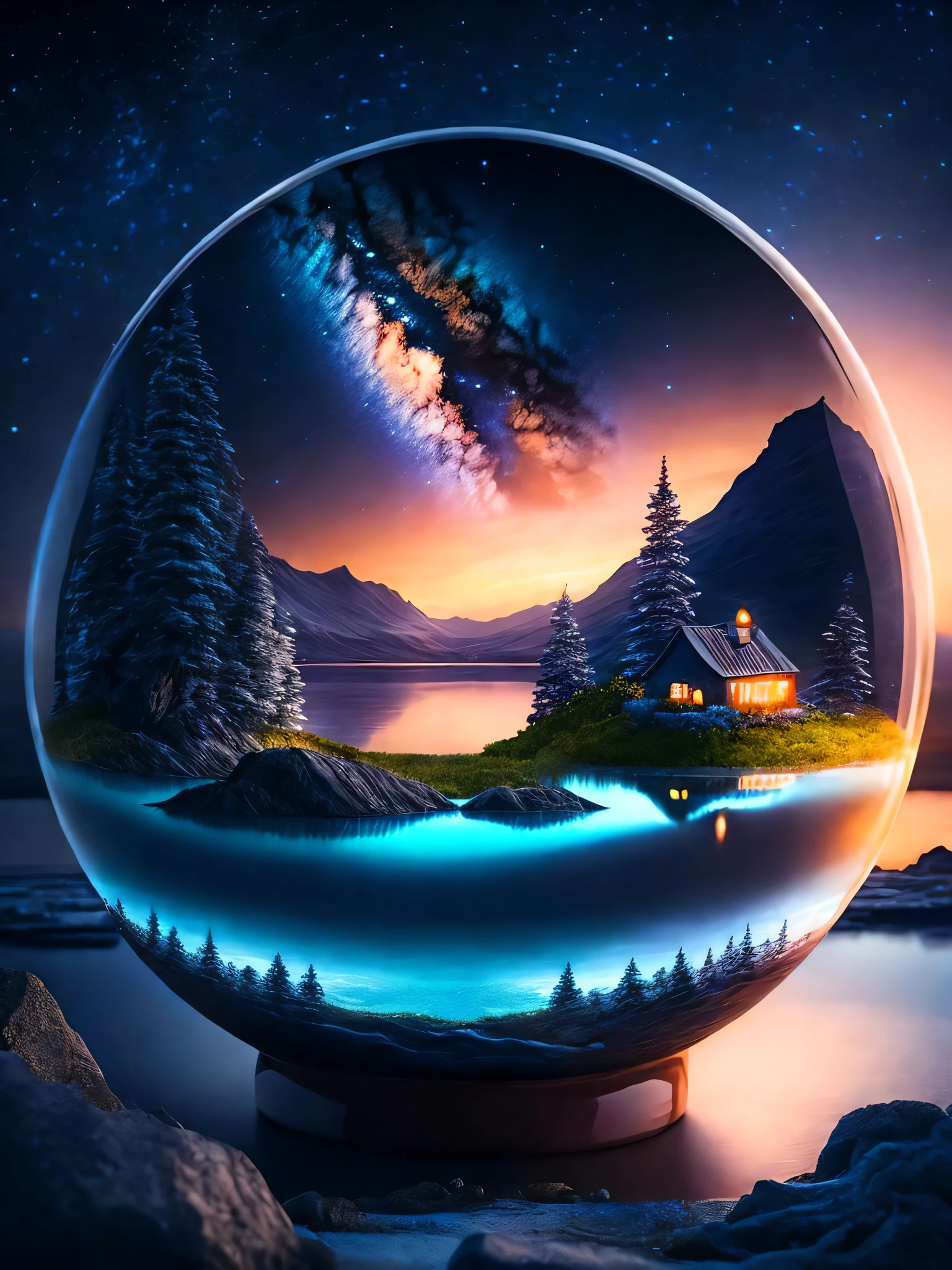a small city sitting in an island in a ceramic bowl full of water| beautiful night sky | photo manipulation| beautiful composition,8k,hdr