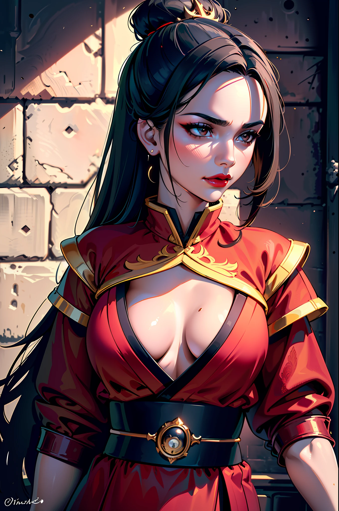 ultra-realistic 8k CG, masterpiece, ((ultra detailed background, fine drawing, intricate details, high detail, better quality fine details, hyper-detailed face)), (photorealistic: 1.4), beautiful lighting, absurdity, RAW photo, film grain, Azula, 1girl, solo, black hair, brown eyes, makeup, lipstick, red lips, single tuft of hair, navel, side strands, hair decoration, ((medium breasts, slim girl, on the face)), ((unbuttoned kimono)), ((complex detailed background, inside, dim lighting, moody lighting, inside the castle, castle wall, inside, medieval castle environment)), erotica