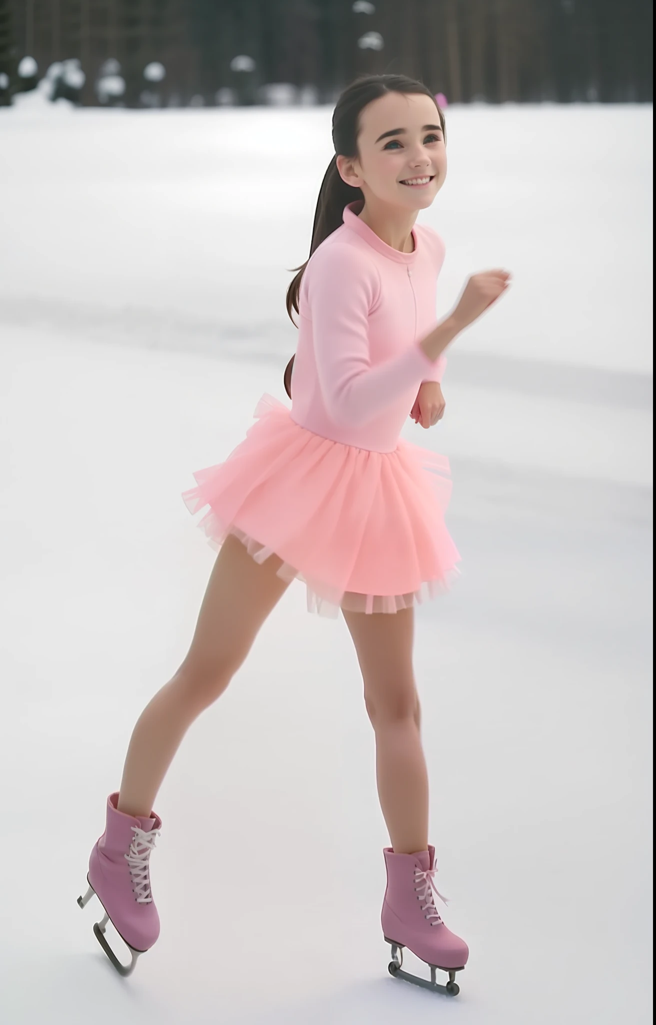 Smiling, young girl in pink dress skating on snowy field, wearing pink romantic tutu, wearing pink romantic tutu, wearing pink tutu, young Jennifer Connelly, dynamic skating, wearing pink romantic tutu, swirling, wearing pink dress, very grainy image, pink girl --auto --s2