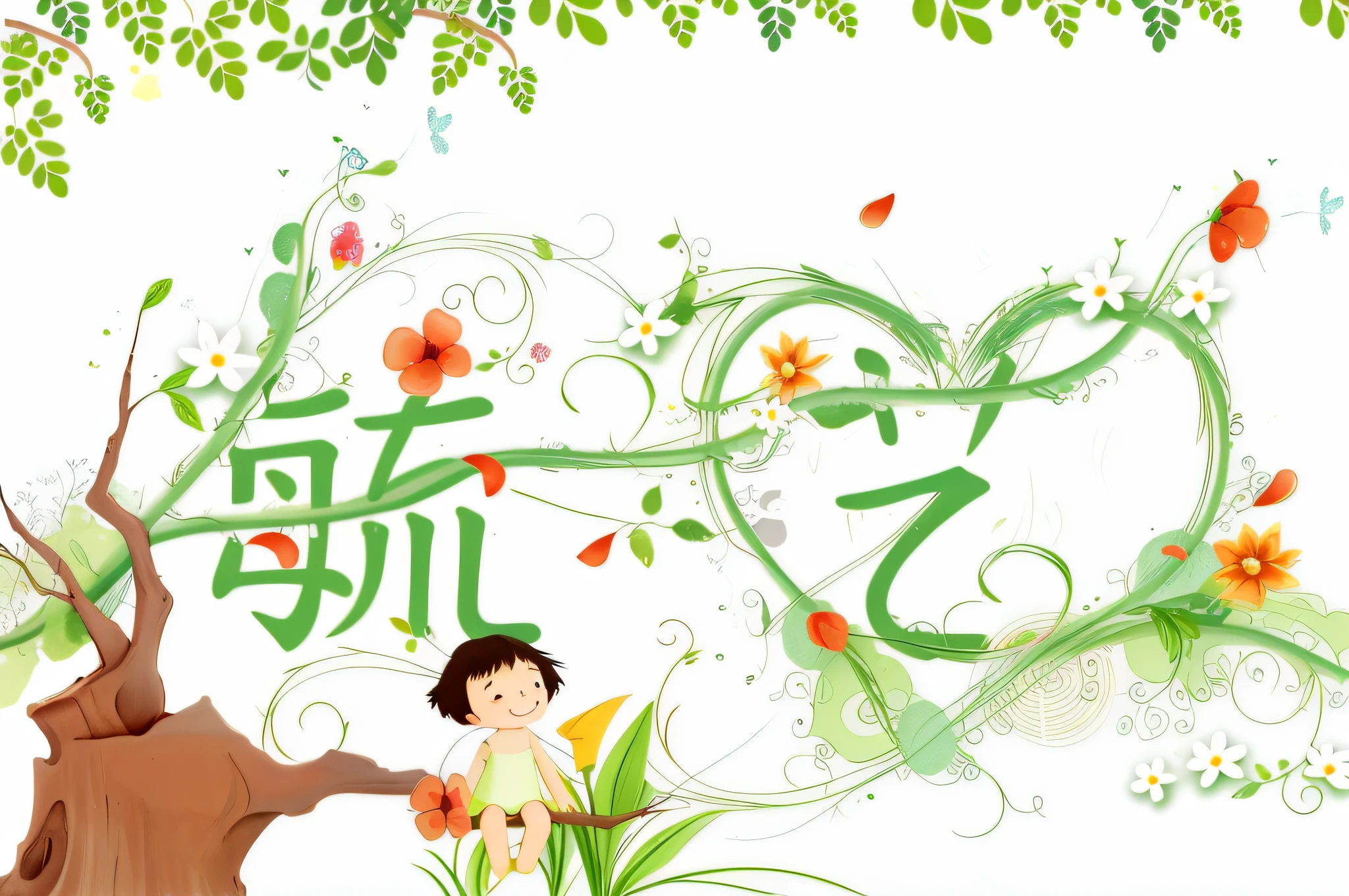 There is a cartoon picture of a boy and a tree, green vines entangled, beautiful artwork illustration, wallpaper - 1 0 2 4, hand drawn cartoon art style, Chiba Yuda, 4K HD wallpaper illustration, Chinese watercolor style, HD illustration, happy !!!, green blessing, bright happy atmosphere --auto --s2