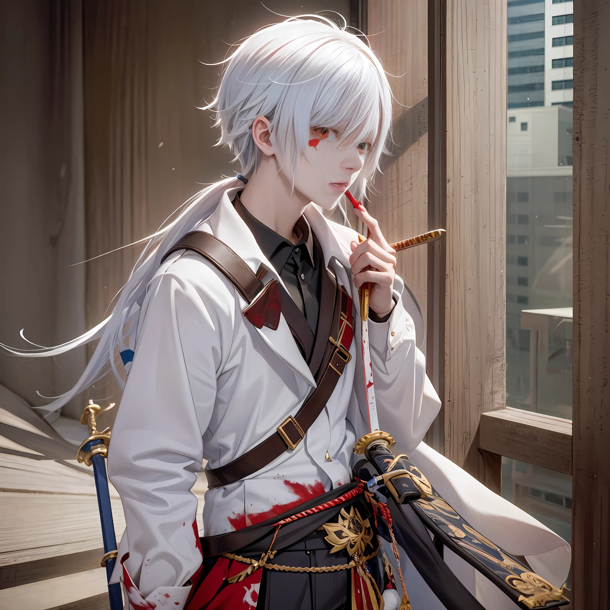 An anime boy in the classroom has white hair and blood stains on his face and holds a sword in his hand