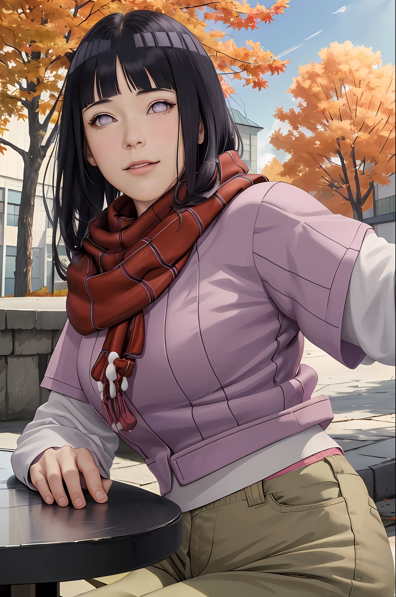 masterpiece, absurdres, hinata\(boruto\), 1girl, solo,mature female, purple hoodie,layered sleeves, brown pants, outdoors,maple trees, ((autumn)), looking at viewer, (falling maple), cloudy sky, perfect composition, detailed lips, big breast, beautiful face, body propotion, blush, (pink lips), long hair, purple eyes, soft gaze, sad smile, (((long red scarf))), super realistic, realistic face and body, super beautiful, pretty face, detailed, photoshoot, soft aura, sexy body, mommy