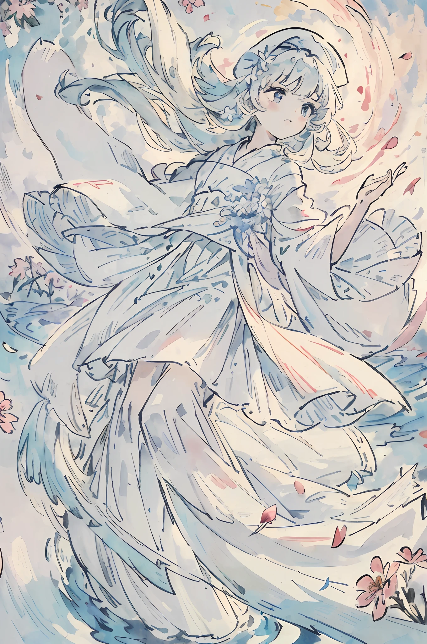 (Masterpiece, highest quality) particle effect, young girl in a flowing white dress in a sea of flowers, constantly surrounded by blooming flowers, gently swaying in the breeze, white hat exudes a calming breath that constitutes the edge light effect.
