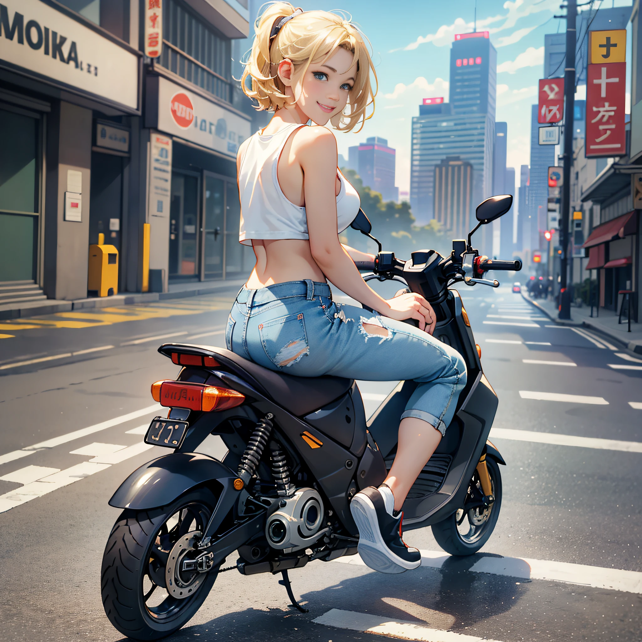 {{masterpiece, best quality, extremely detailed CG, unity 8k wallpaper, cinematic lighting}}, Yokohama city with a harbor , a beautiful girl riding a scooter, 1girl, blonde short bob, smile, medium_breasts, white tank top:1.2, distressed denim shorts: 1.3, white basketball shoes, red scooter,