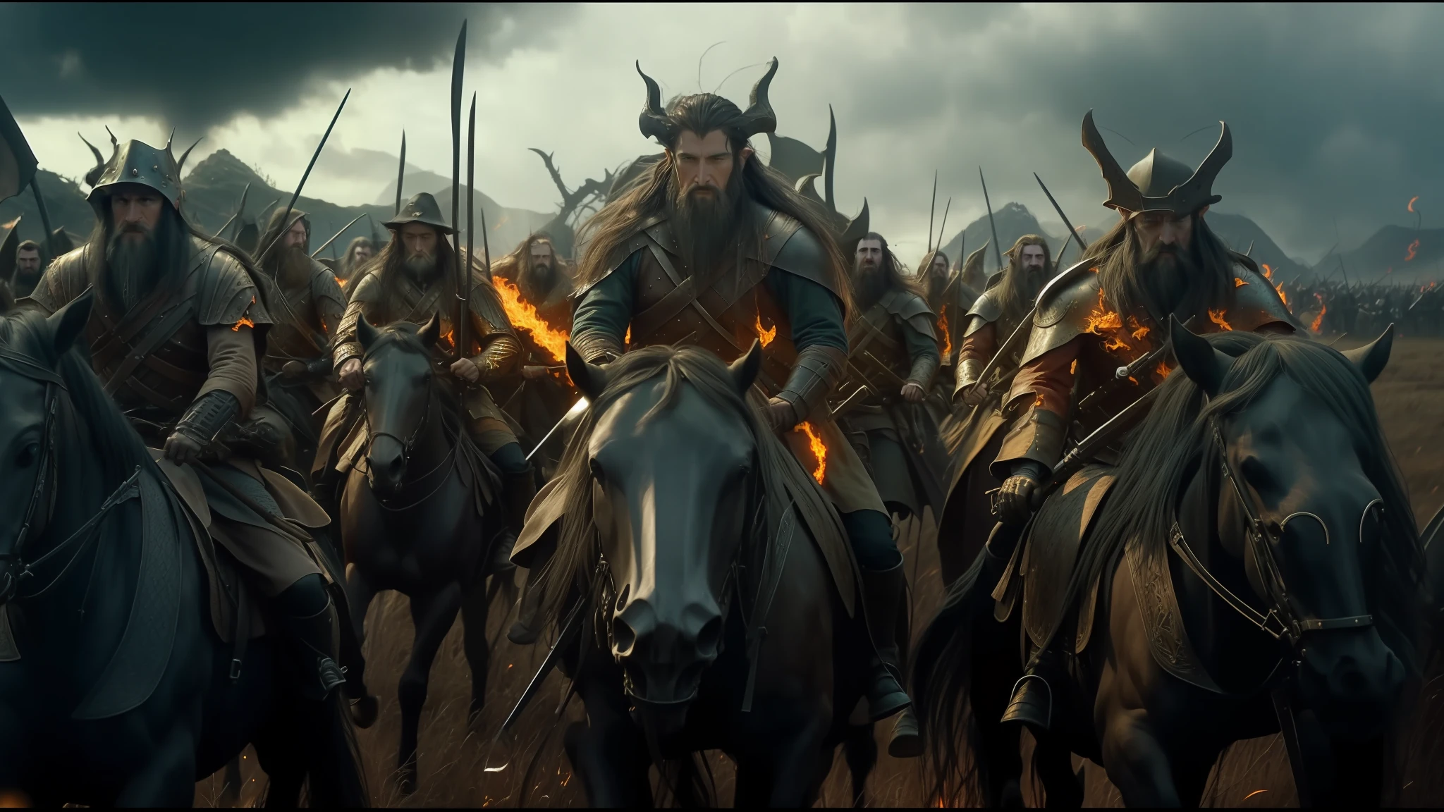 armed group of men riding in a field with flames, the hobbit concept, still from the film, iridescent technology and weapon, with an army of skeletons, mechanics, inspired by Todd Lockwood, epic scene full of computers, by Antonín Slavíček, screenshot, award-winning costume