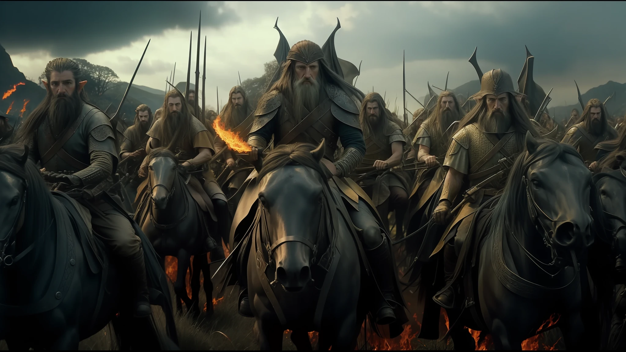armed group of men riding in a field with flames, the hobbit concept, still from the film, iridescent technology and weapon, with an army of skeletons, mechanics, inspired by Todd Lockwood, epic scene full of computers, by Antonín Slavíček, screenshot, award-winning costume