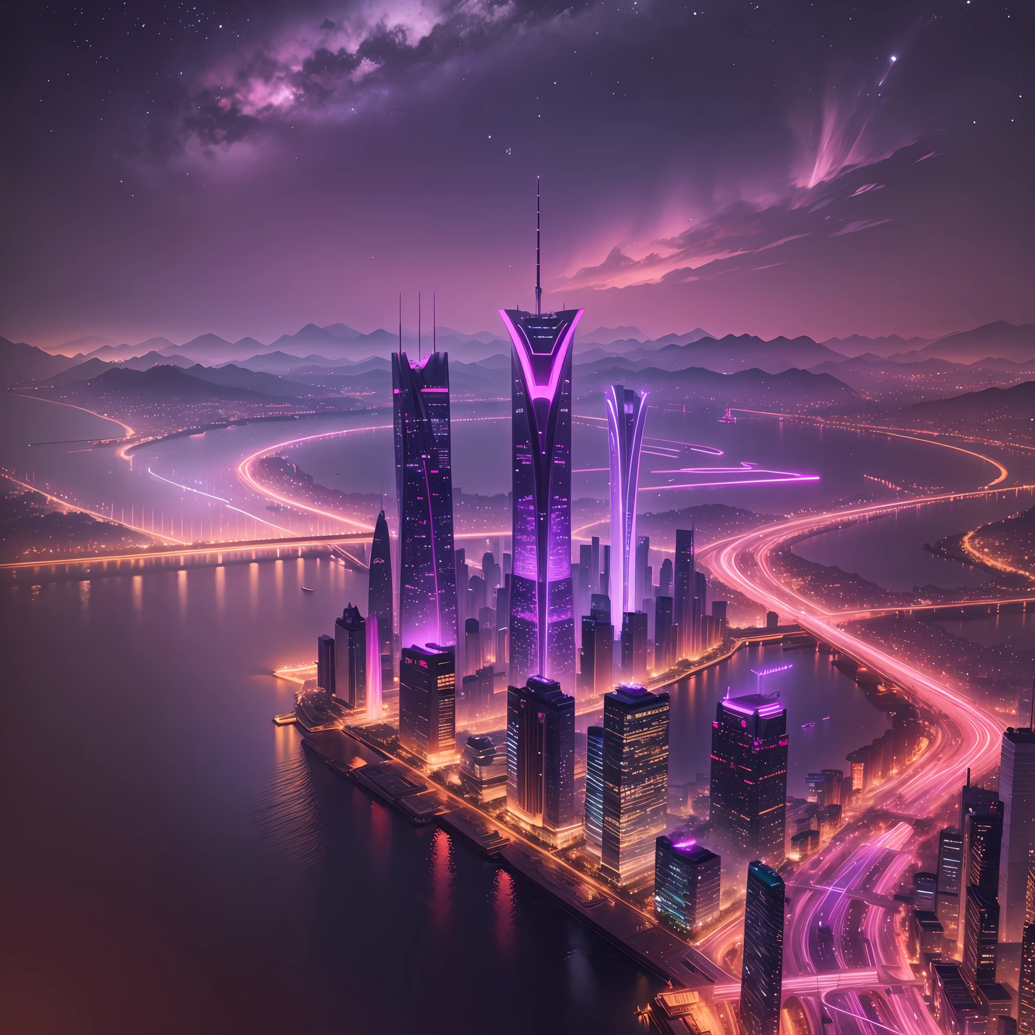 Looking at the perspective, Liuzhou city, futuristic, CG, lilac red as the main color, ultra-high definition, night view --auto --s2