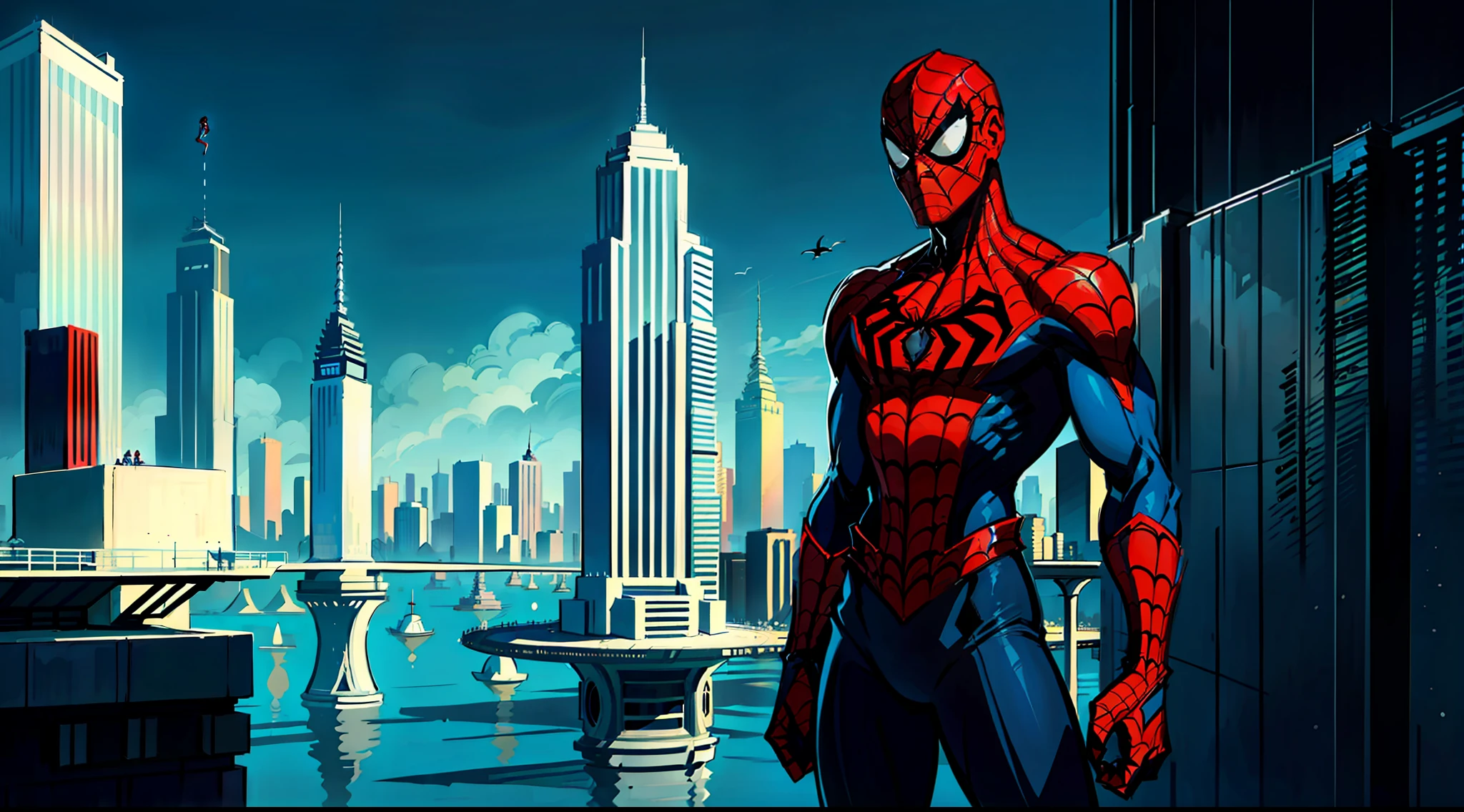 Beautifully illustrated scene of Spiderman standing tall on an iconic skyscraper, taking in the breathtaking beauty of the modern, polished city below. A remarkable and stylized portrayal of a nefarious villain. by J. Scott Campbell's and Jim Lee's heavily detailed and dynamic