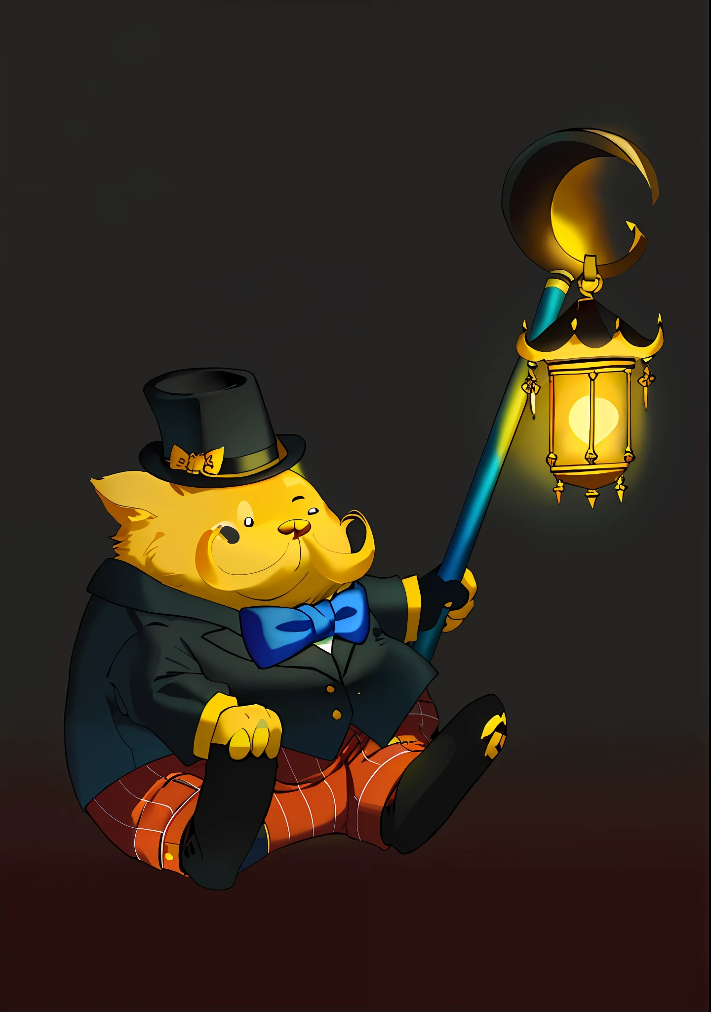 a cute fat yellow cat with a black mustache. he is wearing a black hat with a dark yellow tie. he is wearing a red necktie. he is wearing a dark blue suit and a dark blue pants. he has pink toes. he is holding a blue moon staff with a dark blue lamp. there is a little shining light inside the lamp