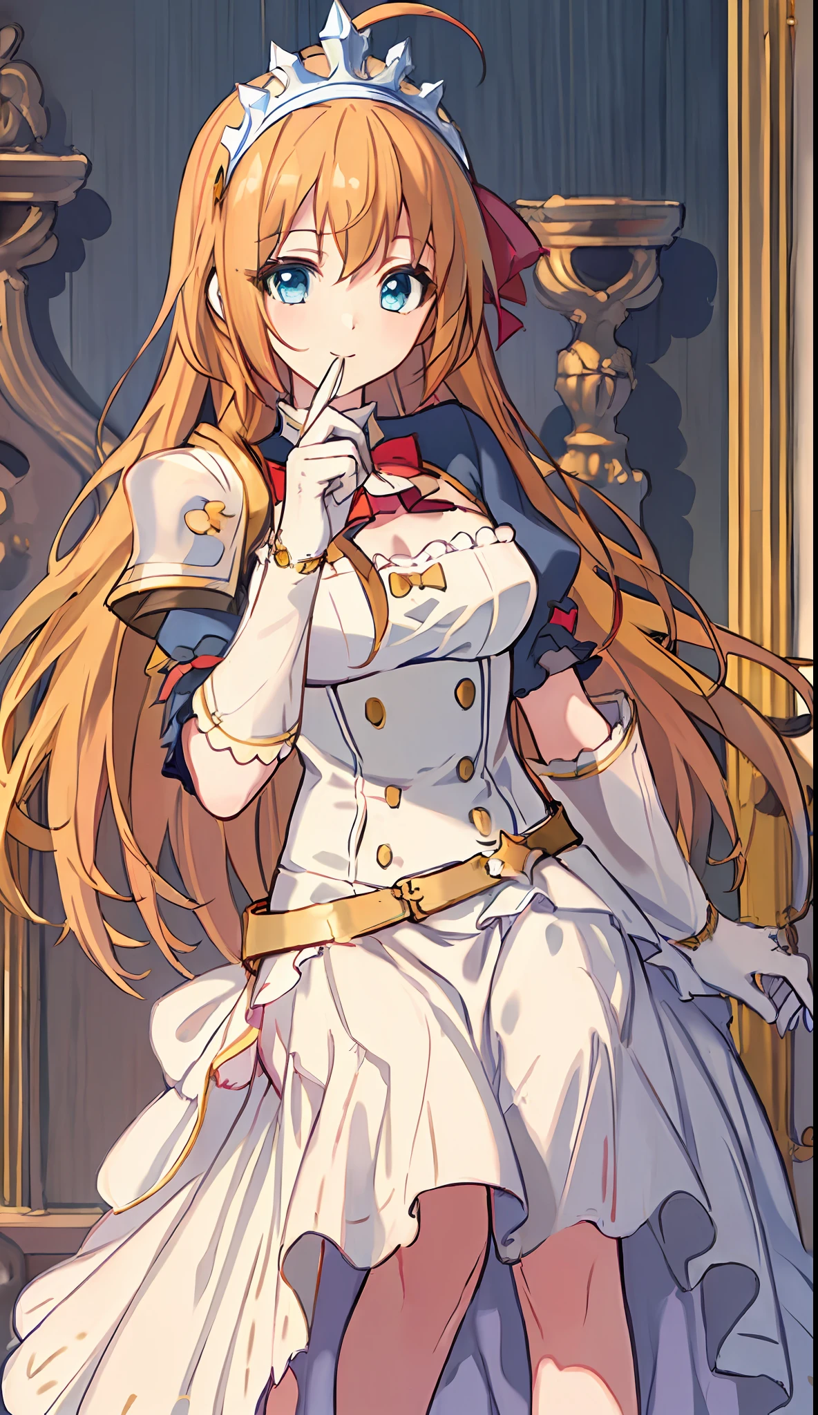 (((Masterpiece)))), (((highest quality)))), (((very detail))), precise fingers, not too many fingers, not unnatural hands, illustration, ahoge on the top of the head, 1 girl, solo, golden long hair, red miniskirt, pecorine, royal elegant pose