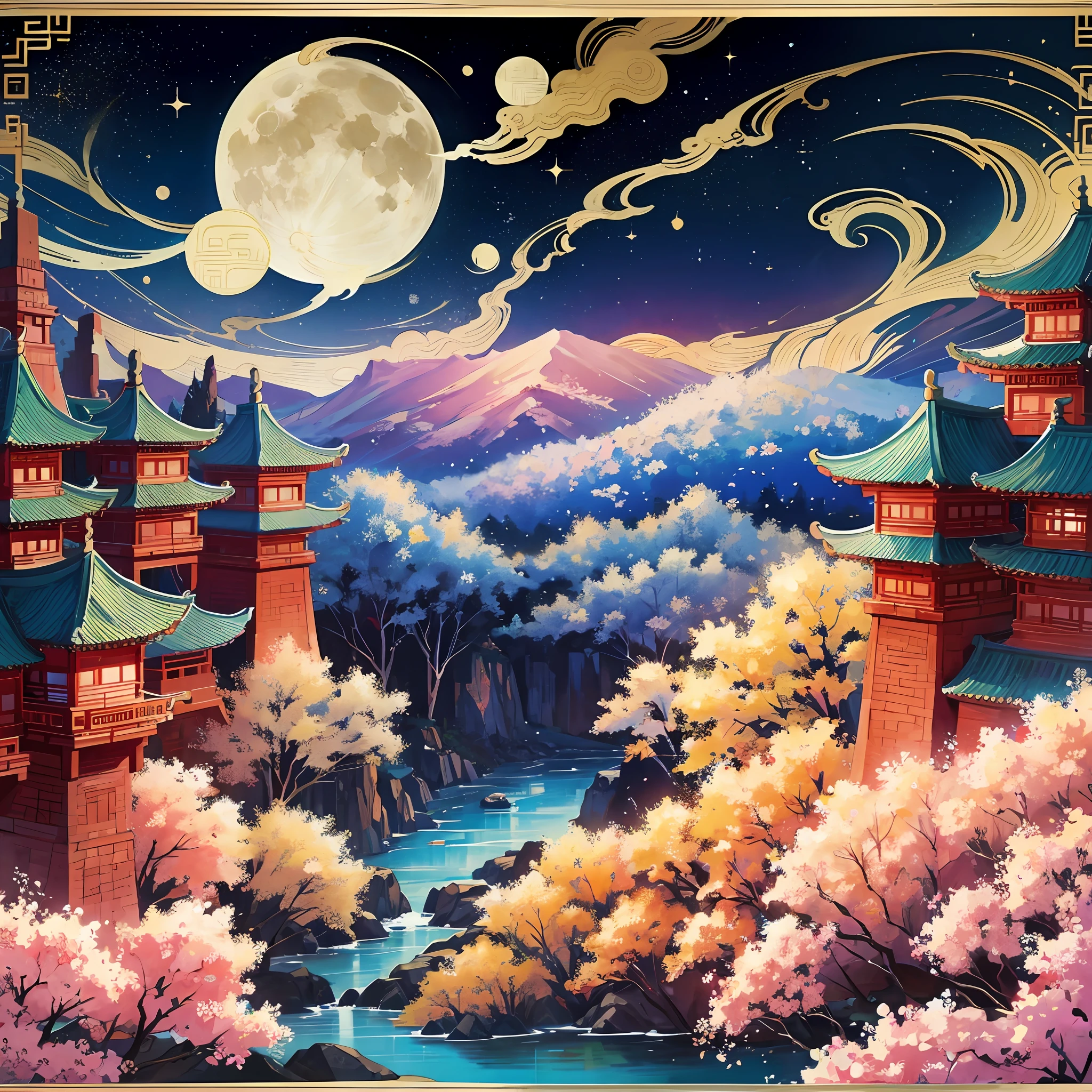 Ancient Chinese painting landscape, starry sky, moon, mountains, waterfall, houses with lights on --auto --s2