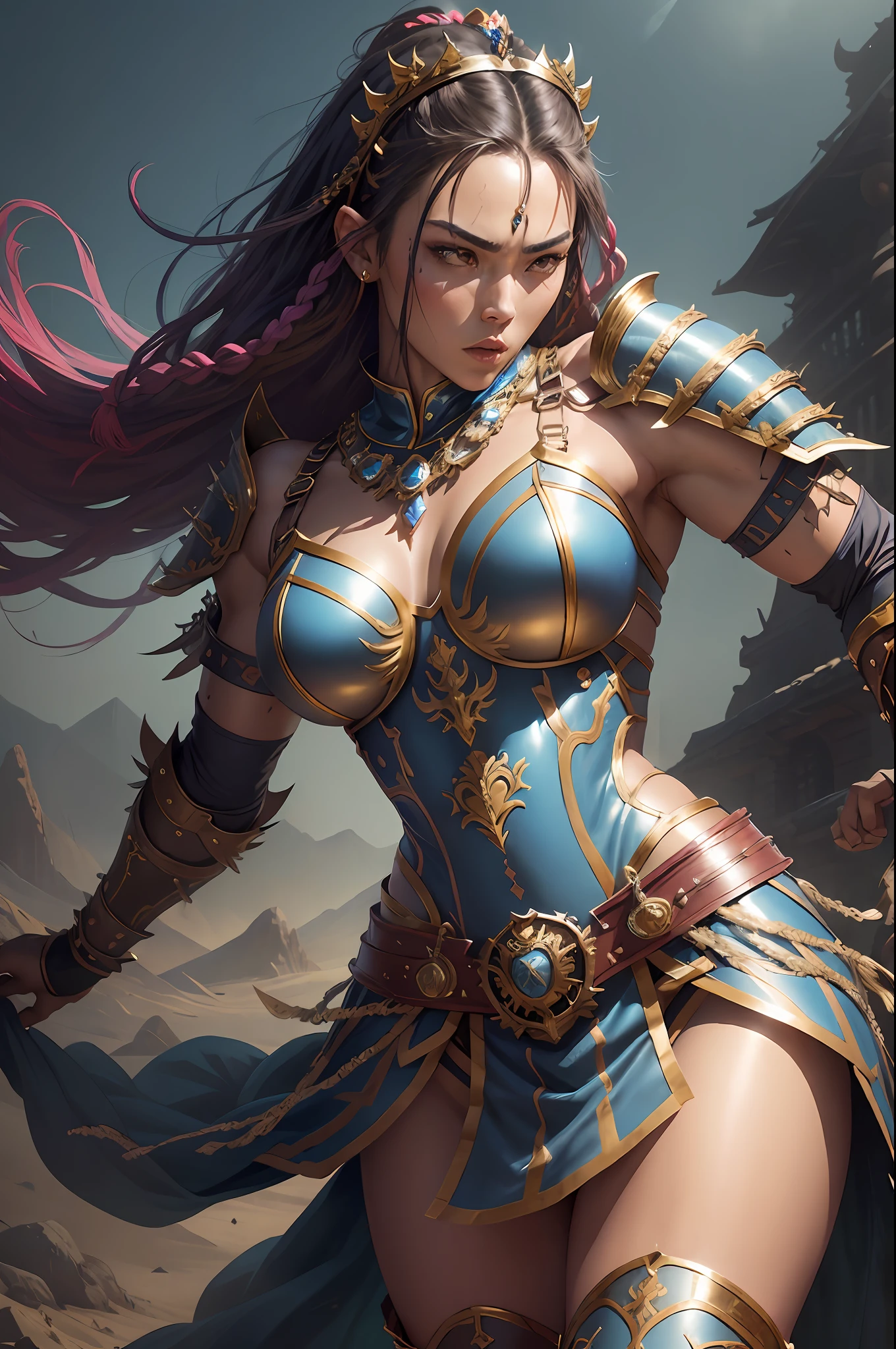 Muscular Japanese woman with dark hair with braids, (blue punk medieval armor). Bright chrome gold lingerie with sharp reflections. Gems. Bare shoulders. (Tiara). Muscle definition. Beautiful, shapely legs. Warrior princess. Detailed lighting. Artwork. Extreme beauty. Clothing with intense colored gradient effect. Professional image with high saturation. Professional camera. Illustration. Vibrant colors.