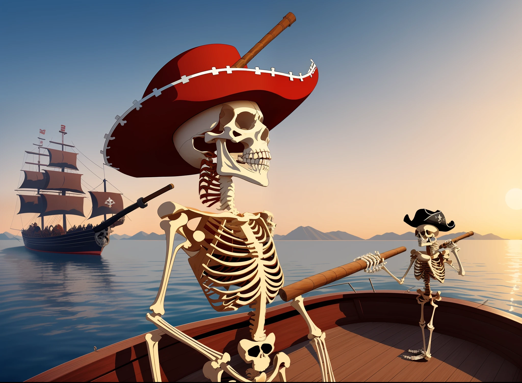 skeleton with hat and red hat standing on deck of boat, skeleton cowboy, stylized digital illustration, skeleton pirate, a skeleton smoking a cigar, skelleton, skeleton, ( ( ( skeleton ) ) ), detailed digital illustration, profile pic, digital illustration, stylized digital art, in style of digital illustration, skeletons smoking cigars, skeletons on a pirate ship, necromancer