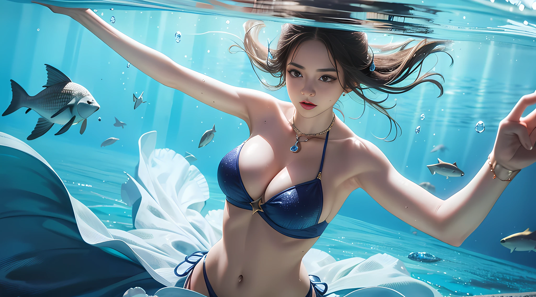 1 beautiful woman dancing underwater in sexy swimsuit, realistic, aesthetic, textured skin, detail quality