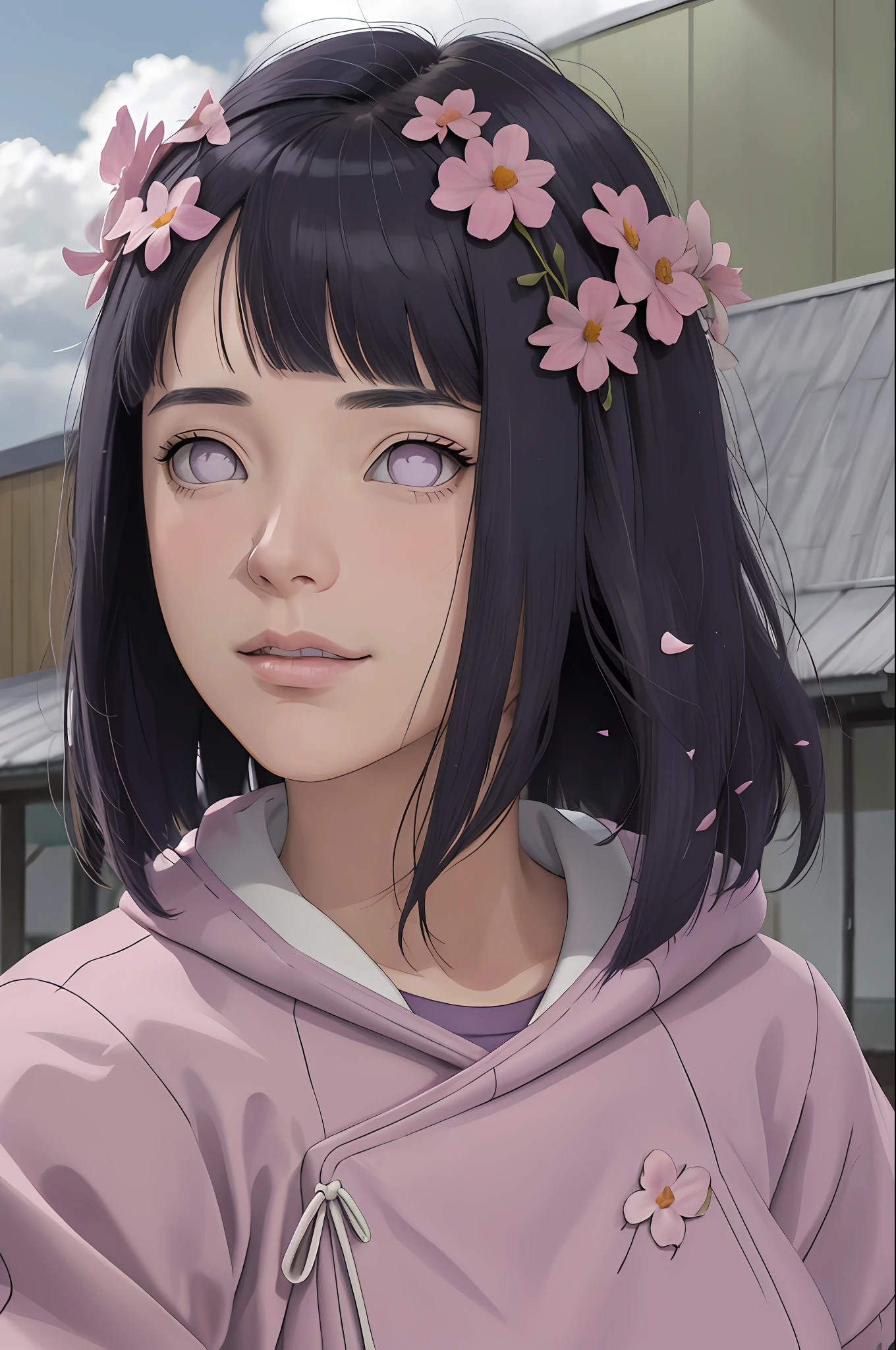 masterpiece, absurdres, hinata\(boruto\), 1girl, solo,mature female, purple hoodie,layered sleeves, brown pants,  outdoors,lavender flower field, looking at viewer, (falling petals), cloudy sky, perfect composition, detailed lips, big breast, beautiful face, body propotion, blush, (pink lips), long hair,  purple eyes,  soft gaze, sad smile,  super realistic, detailed, photoshoot, realistic face and body,  realistic hair, realistic eyes, realistic nose, realistic lips