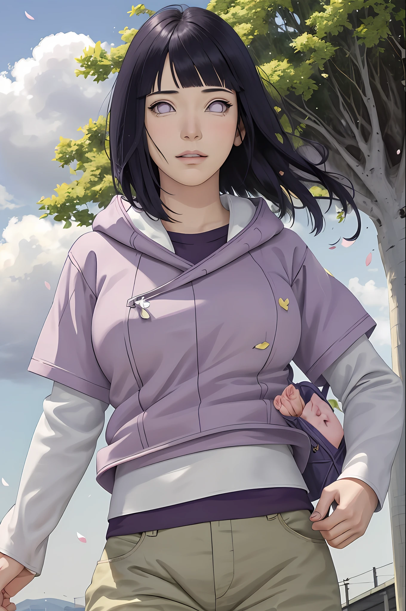 masterpiece, absurdres, hinata\(boruto\), 1girl, solo,mature female, purple hoodie,layered sleeves, brown pants,  outdoors,lavender flower field, looking at viewer, (falling petals), cloudy sky, perfect composition, detailed lips, big breast, beautiful face, body propotion, blush, (pink lips), long hair,  purple eyes,  soft gaze, sad smile,  super realistic, detailed, photoshoot, realistic face and body,  realistic hair, realistic eyes, realistic nose, realistic lips