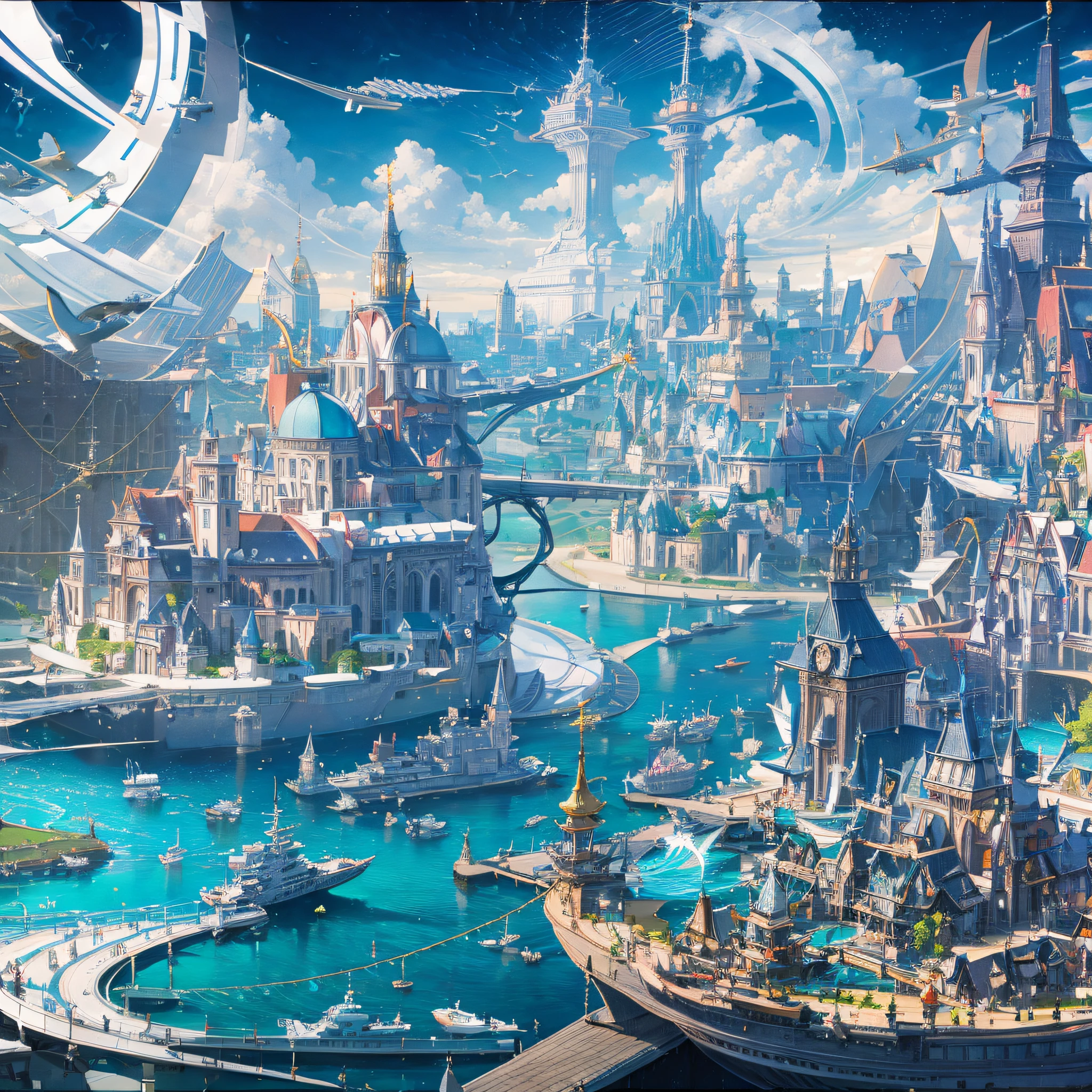 A beautiful city above the water, many houses, flying machines in the sky, ships in the water --auto --s2
