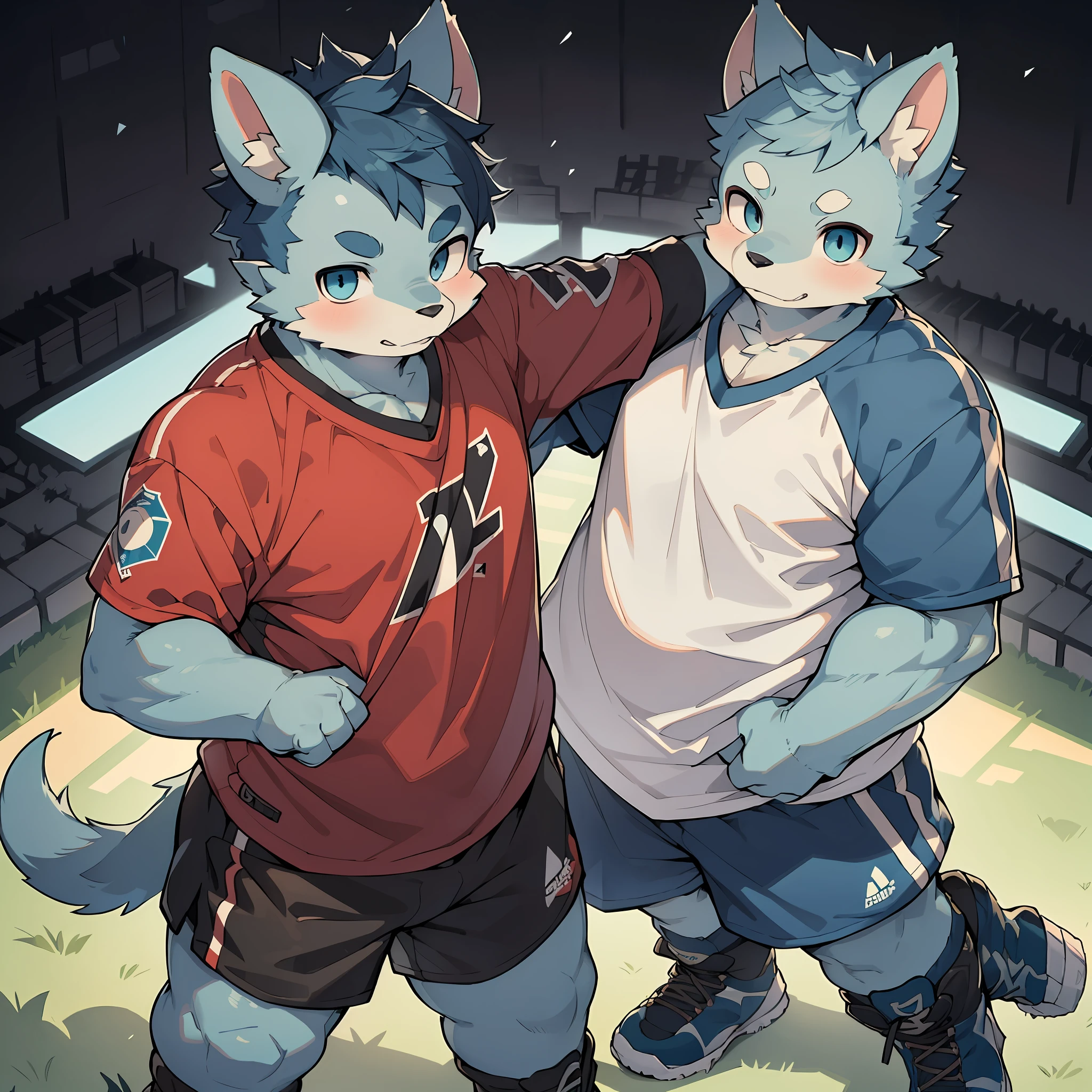Master work, best image quality, 8k resolution, high detail, depth of field, male, (fat), (orc), thick eyebrows, short eyebrows, (bear ears), (sports boots), stout, ((blue hair)), ((sportswear)), flexible posture, looking away, football field, center composition, bright colors, mood lighting, volumetric light, cinematic lighting, bright