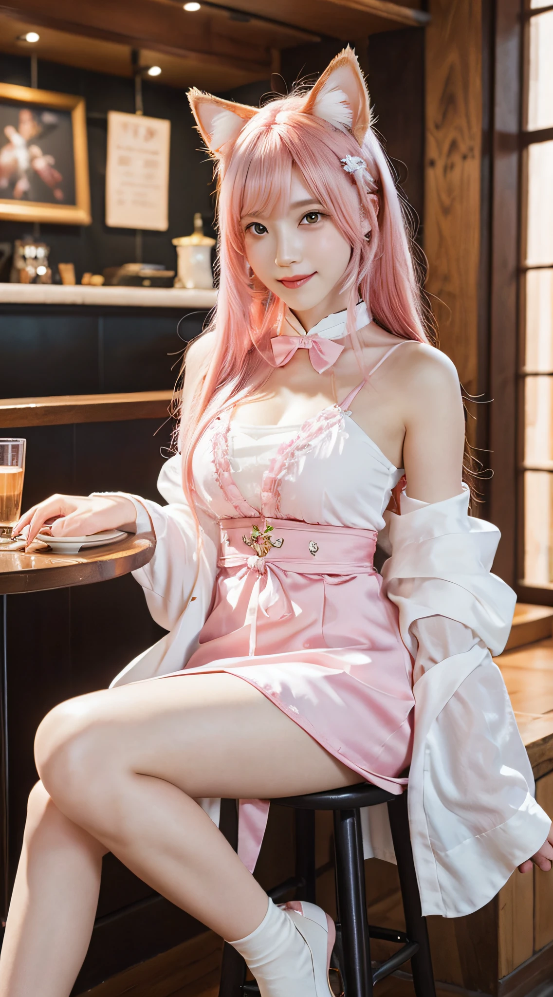 League of Legends Fox, super fine face, detailed eyes, double eyelids, smile, a woman sitting in a café, hanfu, full body composition, cgsociety, cosplay, fantasy art, very beautiful cg anime cat girl, pink hair, pink fox ears, silk, high quality fantasy stock photo, good figure, fantasy, fantastic crystal clear background, bokeh background, Unreal Engine, 3d rendering