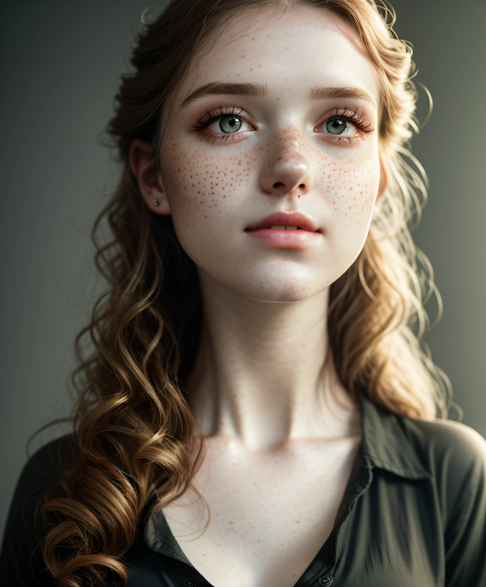 Close-up, beautiful girl, physical rendering photo of an 21 year old girl, curls, freckles, unbuttoned, white blouse, black background, light on face, dream, magical atmosphere, cinematic lighting, embers, fantasy, action pose, mist, CRU photo, 8k uhd, film grain