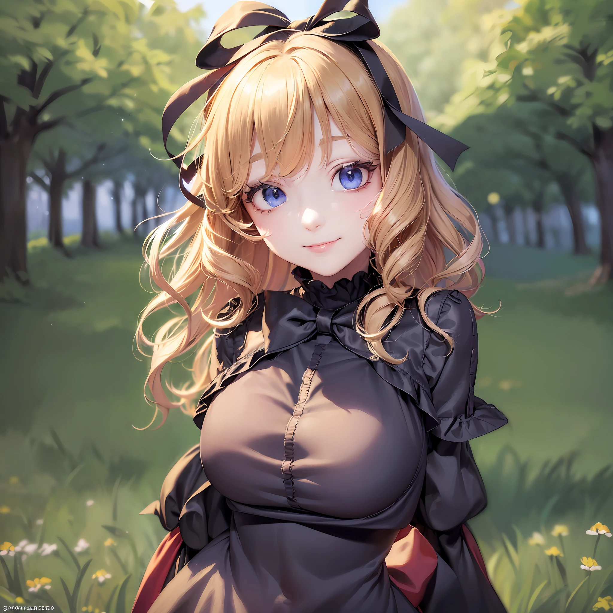 {{mksks style}}, (1girl:1.2), solo female, Touhou, ((masterpiece)), ((sole female)), ((depth of field)), ((tone mapping)), (sharp detail), (perspective), ((high resolution)), (lighting), Medicine Melancholy, ((blonde hair)), ((short hair)), ((wavy hair)), ((blue eyes)), ((red bow)), ((hair bow)), ((giant ribbon)), large breasts, ((black dress)), ((backless dress)), ((gothic dress)), gothic lolita, perfect face,(large ass), (thick thighs), (hands on hips), black dress, (ass focus), (shirt collar), long dress, ((shirt dress)), ((seductive smile)), simple Background, (wide hips), (huge breasts)), ((thick eyelashes)), (flower meadow), (Lily-of-the-valley), ((short sleeves)), ((looking at viewer)), ((perfect face)), ((expressive eyes)),