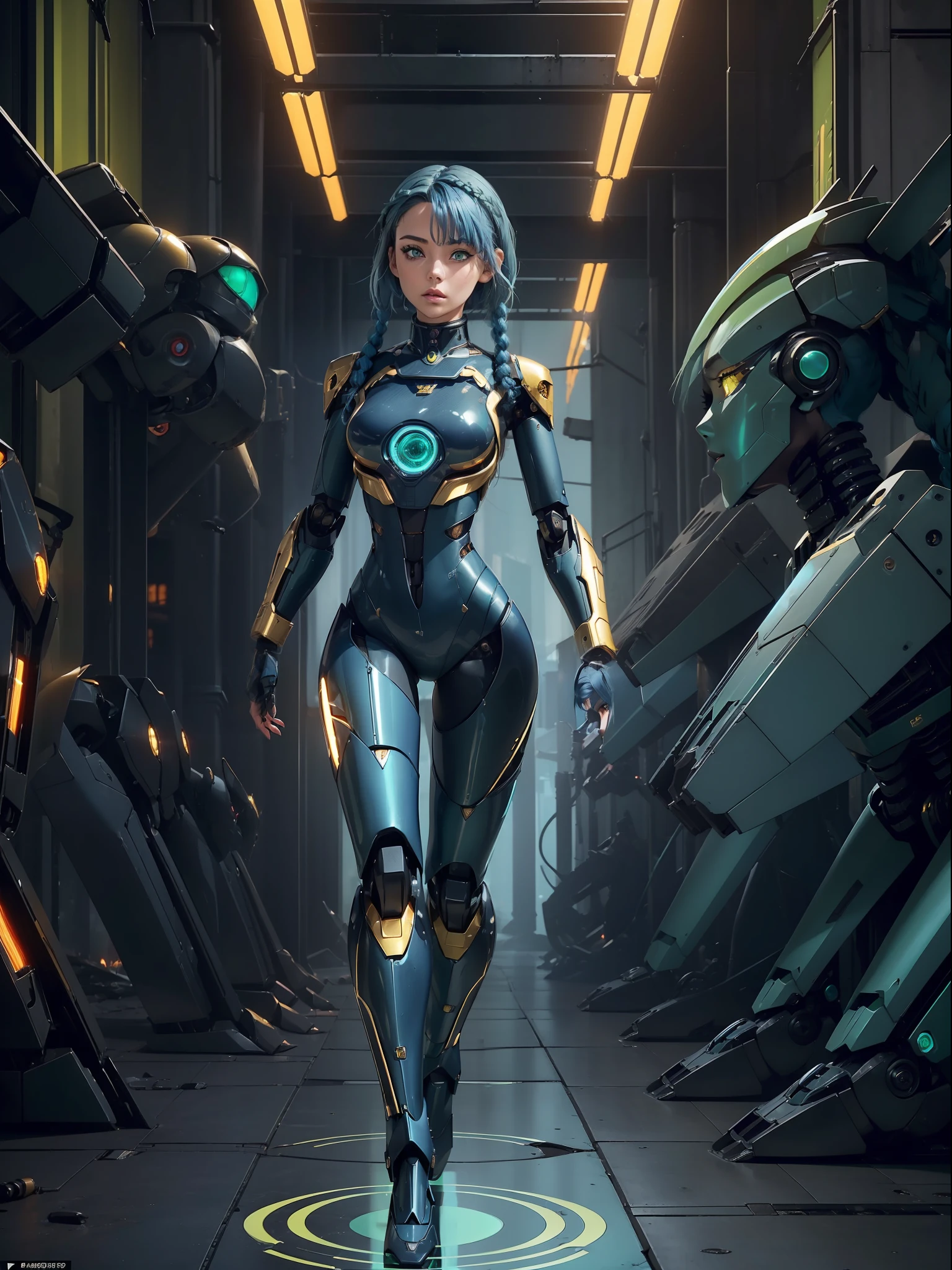 ((full body):1.5) (({1/woman}):1.5). Only {1/woman}: ((Wearing black mecha with golden parts, extremely tight on the body):1.3). Just {1/woman}: ((doing sensual poses for the standing viewer)). In a futuristic city completely destroyed with fire in the buildings and ((several robots running behind):1.4) of only {1/woman}. Only {1/woman} has ((very short blue hair with braids, green eyes):1.3)