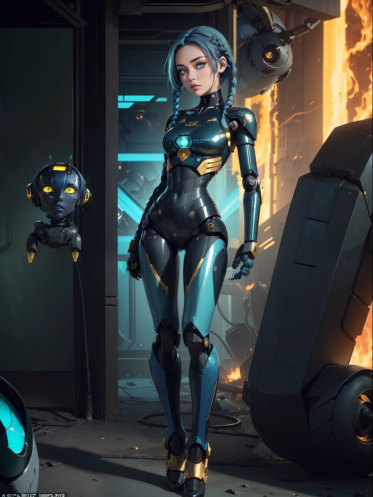 ((full body):1.5) (({1/woman}):1.5). Only {1/woman}: ((Wearing black mecha with golden parts, extremely tight on the body):1.3).  Just {1/woman}: ((doing sensual poses for the standing viewer)). In a futuristic city completely destroyed with fire in the buildings and ((several robots running behind):1.4) of only {1/woman}. Only {1/woman} has ((very short blue hair with braids, green eyes):1.3)