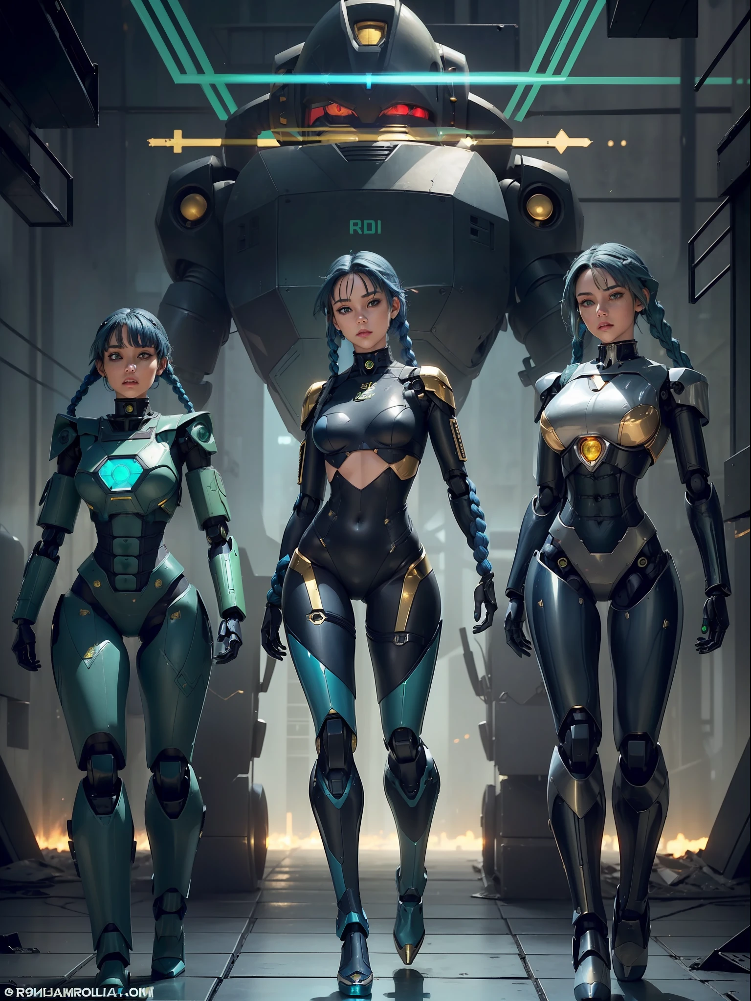 ((full body):1.5) (({1/woman}):1.5). Only {1/woman}: ((Wearing black mecha with golden parts, extremely tight on the body):1.3). Just {1/woman}: ((doing sensual poses for the standing viewer)). In a futuristic city completely destroyed with fire in the buildings and ((several robots running behind):1.4) of only {1/woman}. Only {1/woman} has ((very short blue hair with braids, green eyes):1.3)
