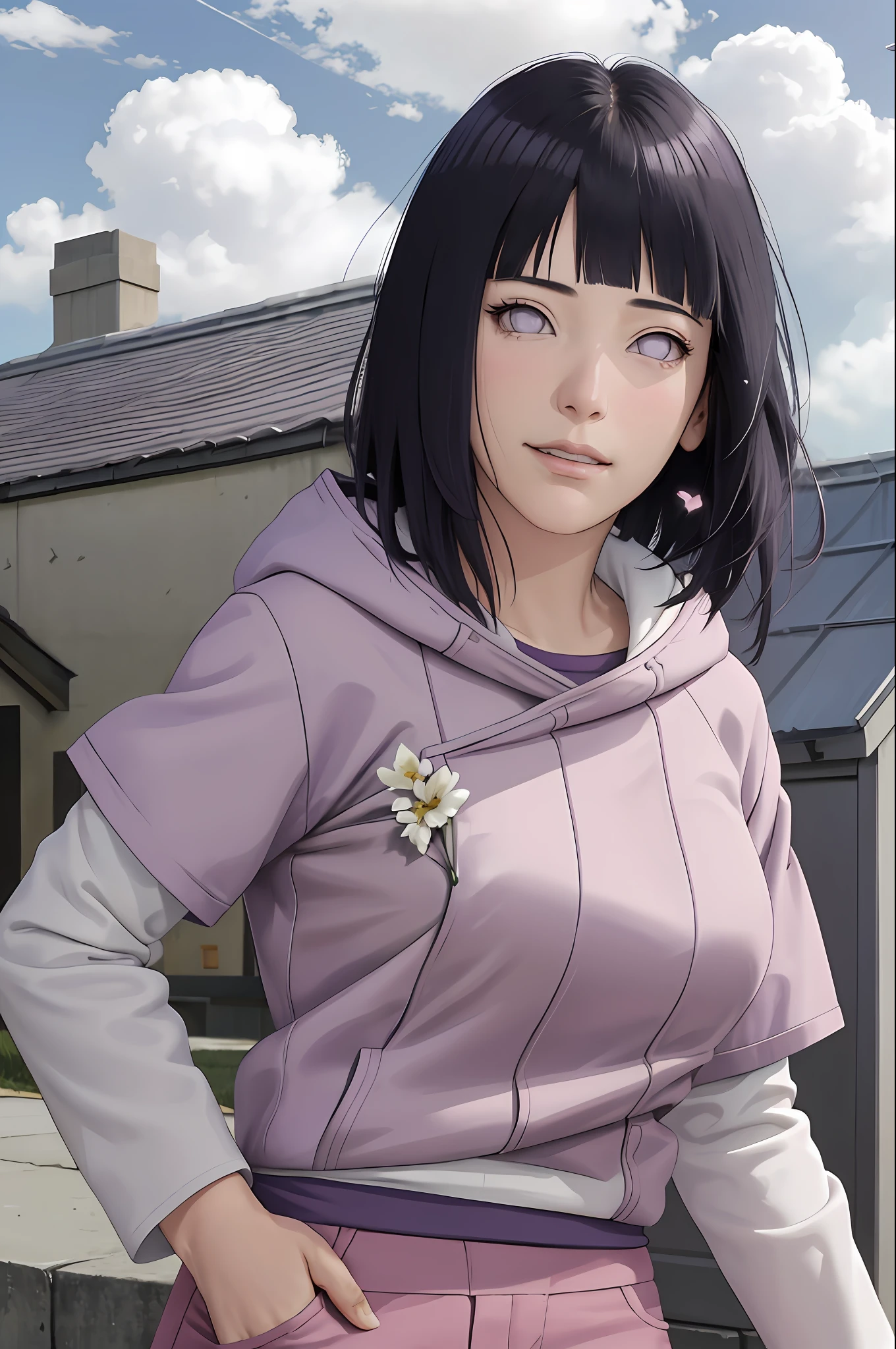 masterpiece, absurdres, hinata\(boruto\), 1girl, solo,mature female, purple hoodie,layered sleeves, brown pants,  outdoors,lavender flower field, looking at viewer, (falling petals), cloudy sky, perfect composition, detailed lips, big breast, beautiful face, body propotion, blush, (pink lips), long hair,  purple eyes,  soft gaze, sad smile,  super realistic, detailed, photoshoot, realistic face and body,  realistic hair, realistic eyes, realistic nose, realistic lips