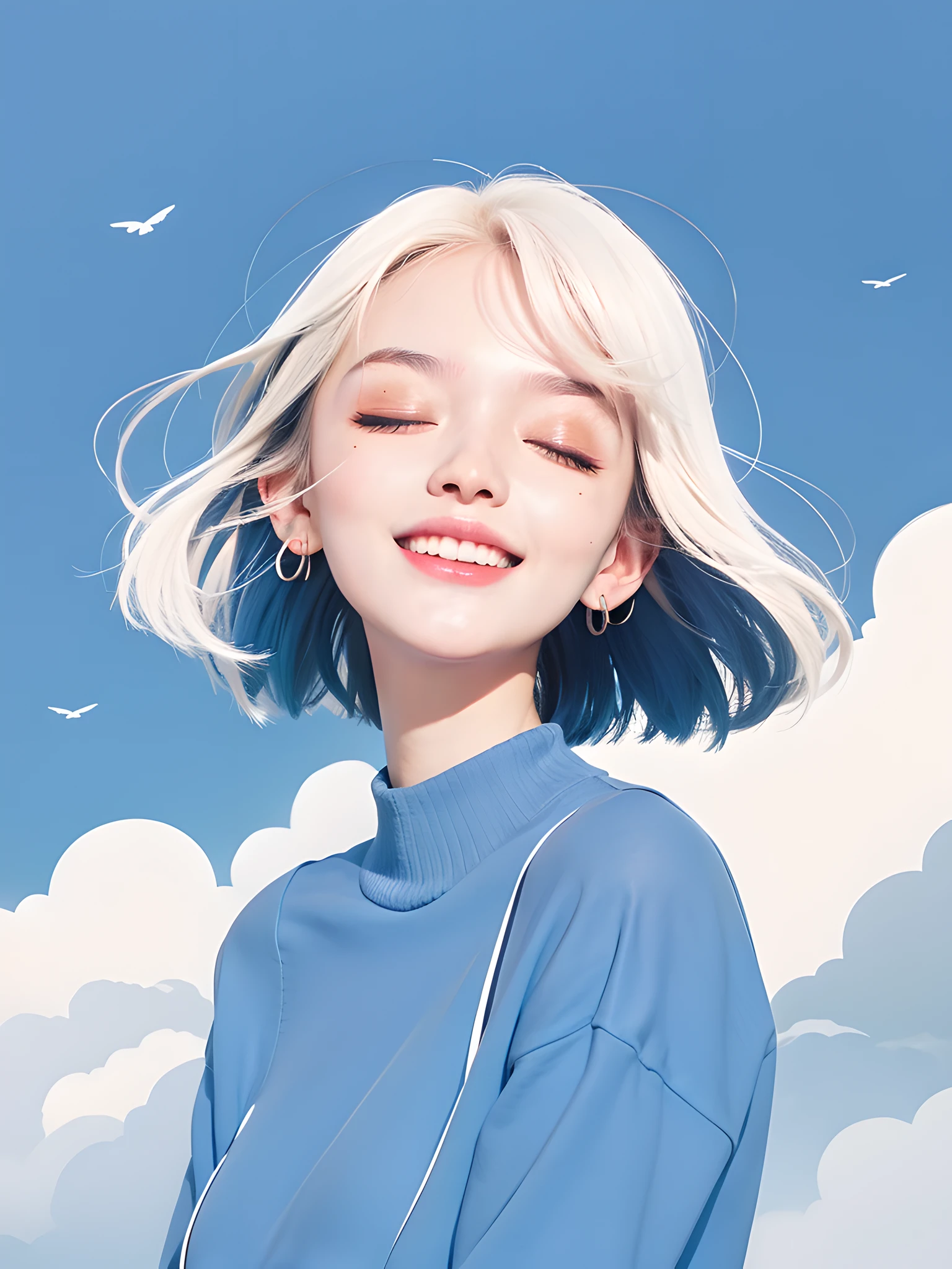 (photorealistic:1.4), best quality, masterpiece, ultra high res, 1girl, (detailed face:1.2), (detailed eyes:1.2), (detailed hair:1.2), (detailed clothes:1.2), 4k, blue sky, cloud, laughing, (makeup:1.2), (closed eyes)