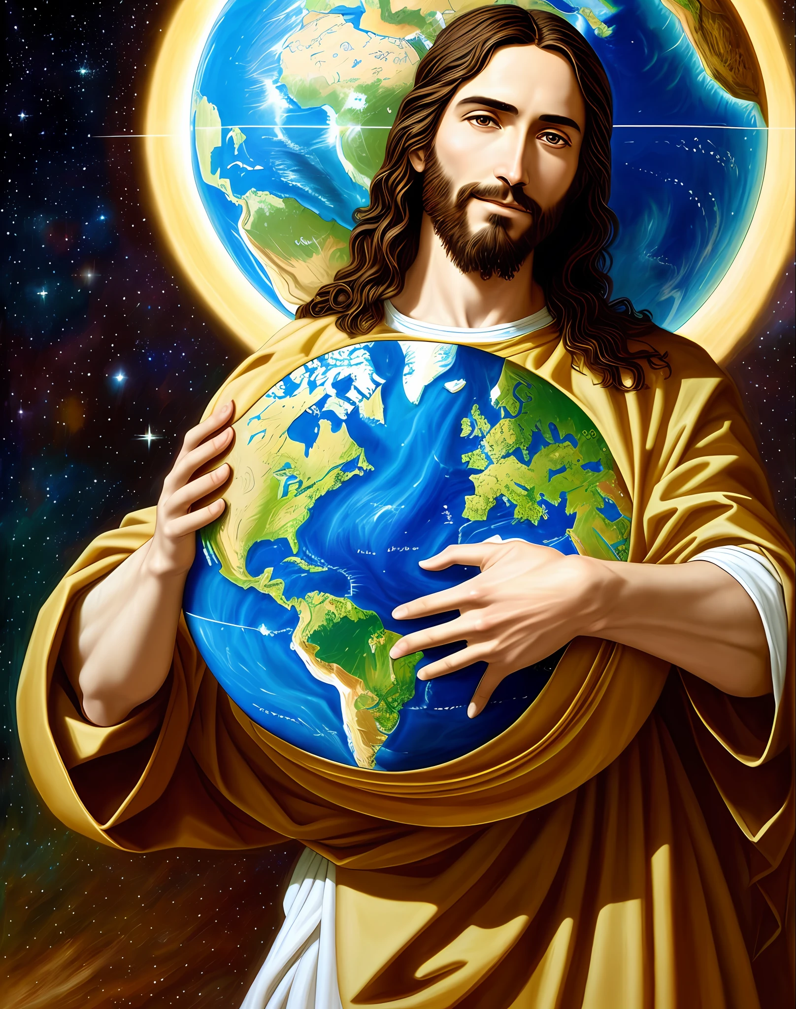 (Jesus holding the planet earth with his hand:1.1), Biblical art, hyper-detailed, oil painting, 8k