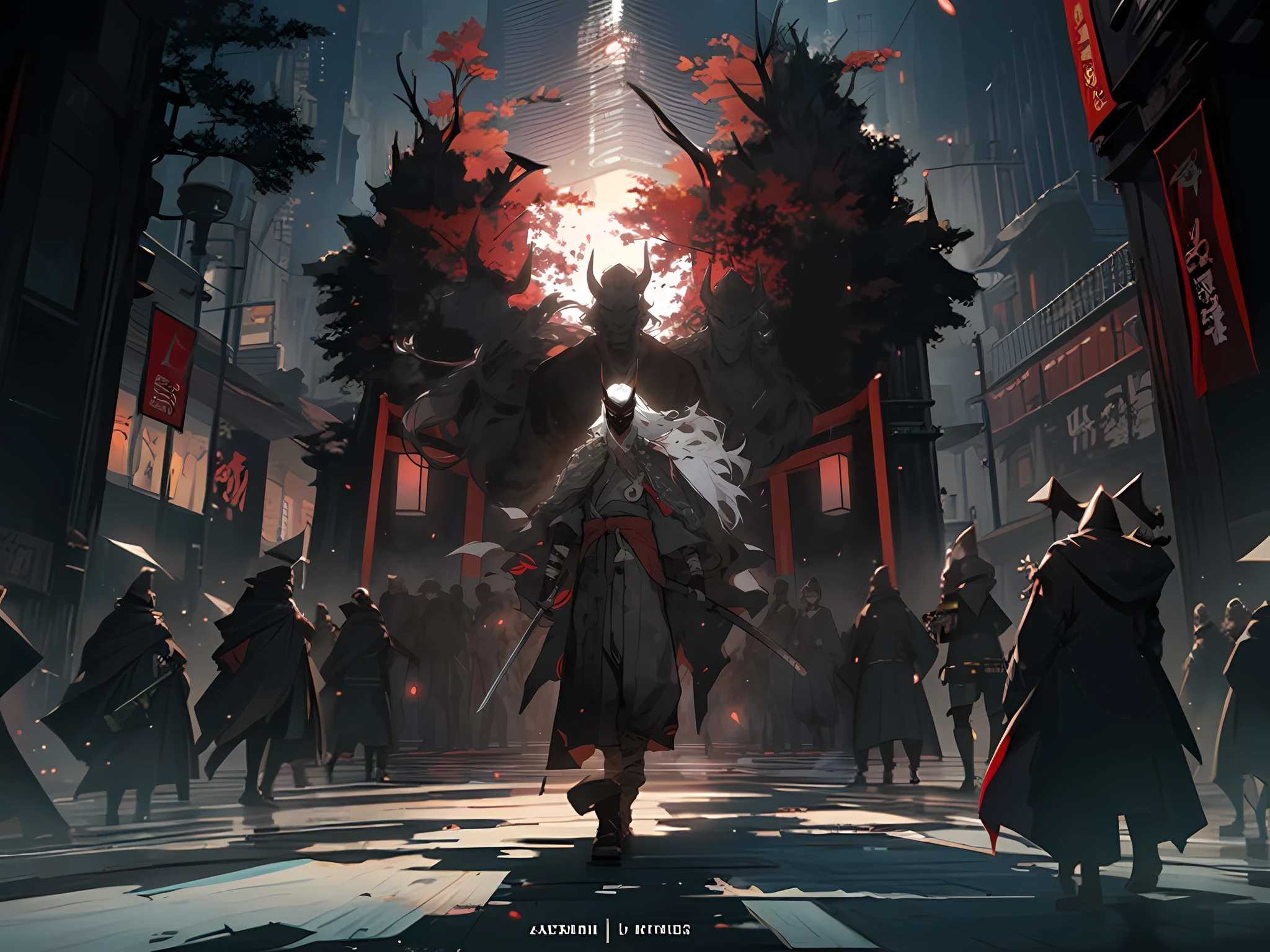 a man in a black robe holding a sword and standing in front of a crowd, onmyoji detailed art, from arknights, arknights, onmyoji, krenz cushart and wenjun lin, by Yang J, anime epic artwork, inspired by Kanō Hōgai, krenz cushart and artem demura
