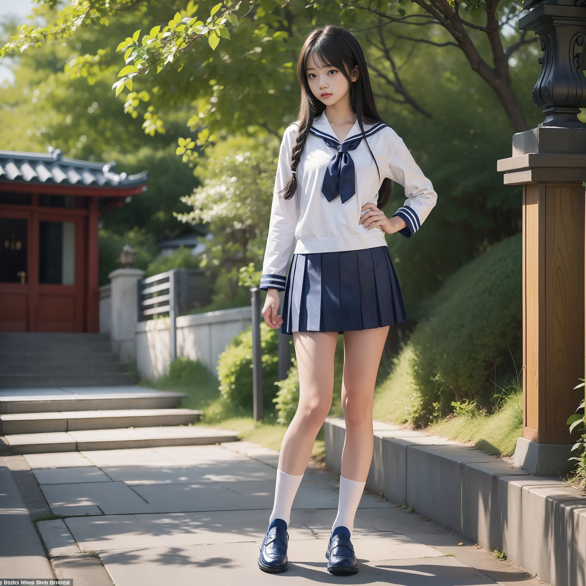 (Masterpiece: 1.3),(Best Quality:1.4),(Full Body), Alone, High School Student, Sailor Suit, Navy Blue Skirt, Long Hair, Beautiful Japan, White Socks, Loafers