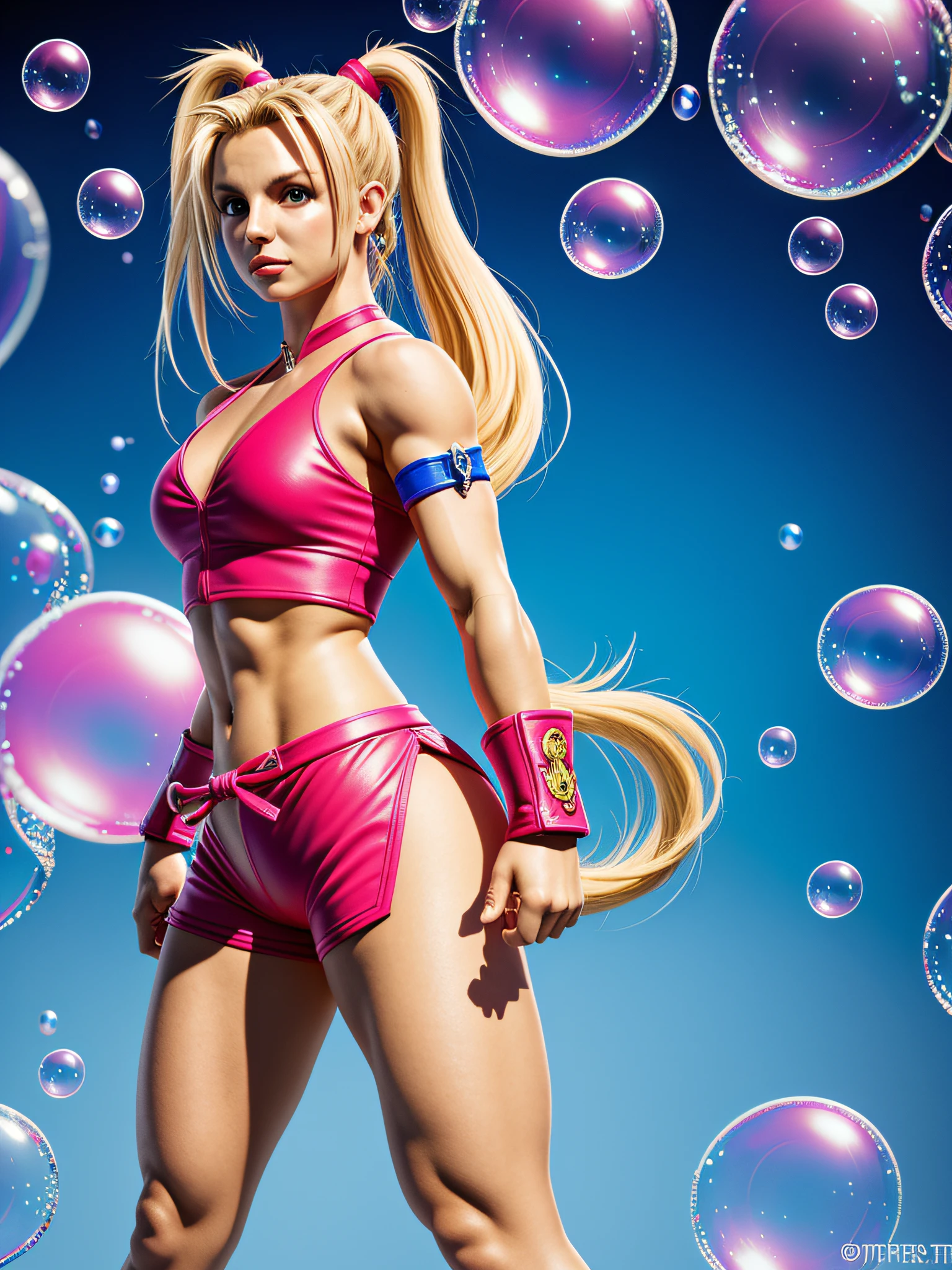 Street fighter styled (Britney Spears centered view), top detail, 8k, long hair, (bubble butt), short top, bend over