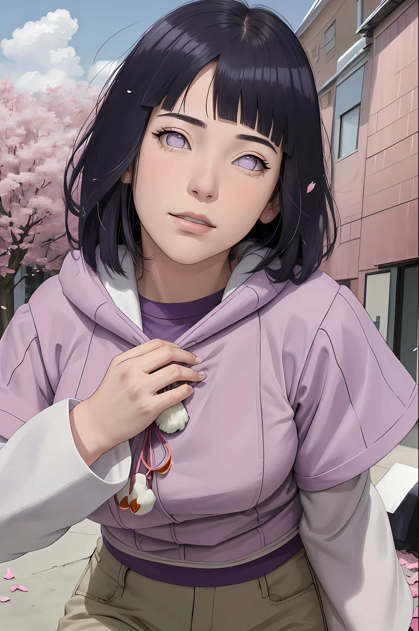 masterpiece, absurdres, hinata\(boruto\), 1girl, solo,mature female, purple hoodie,layered sleeves, brown pants,  outdoors,lavender flower field, looking at viewer, (falling petals), cloudy sky, perfect composition, detailed lips, big breast, beautiful face, body propotion, blush, (pink lips), long hair,  purple eyes,  soft gaze, sad smile,  super realistic, detailed, photoshoot, realistic face and body,  realistic hair, realistic eyes, realistic nose, realistic lips