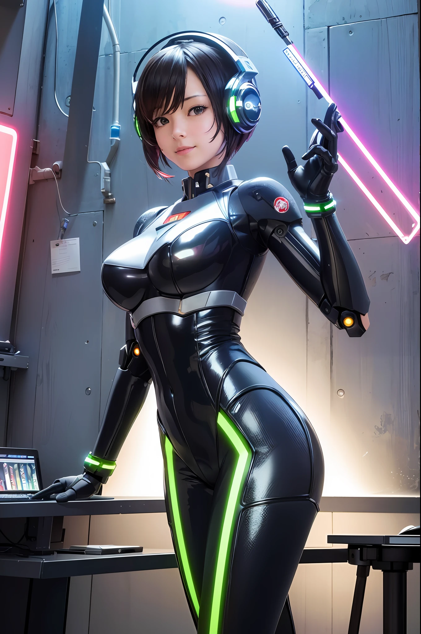 (8k, RAW photo, realistic, photo-realistic:1.5), masterpiece, best quality, high resolution, extremely detailed, detailed background, cinematic lighting, dynamic angle, science fiction, cyberpunk, mecha, mecha musume, 1girl, robot girl, android, short hair, mechanical parts, robot joints, robot ears, mecha armor, leotard, dress, gloves, smile, shiny clothes, impossible bodysuit, impossible clothes, clothing cutout, stomach cutout, midriff, looking at viewer, headgear, head-mounted display, barcode, barcode tattoo, glowing, glowing tattoo, wire, torn clothes, industrial pipe, monitor, womb tattoo