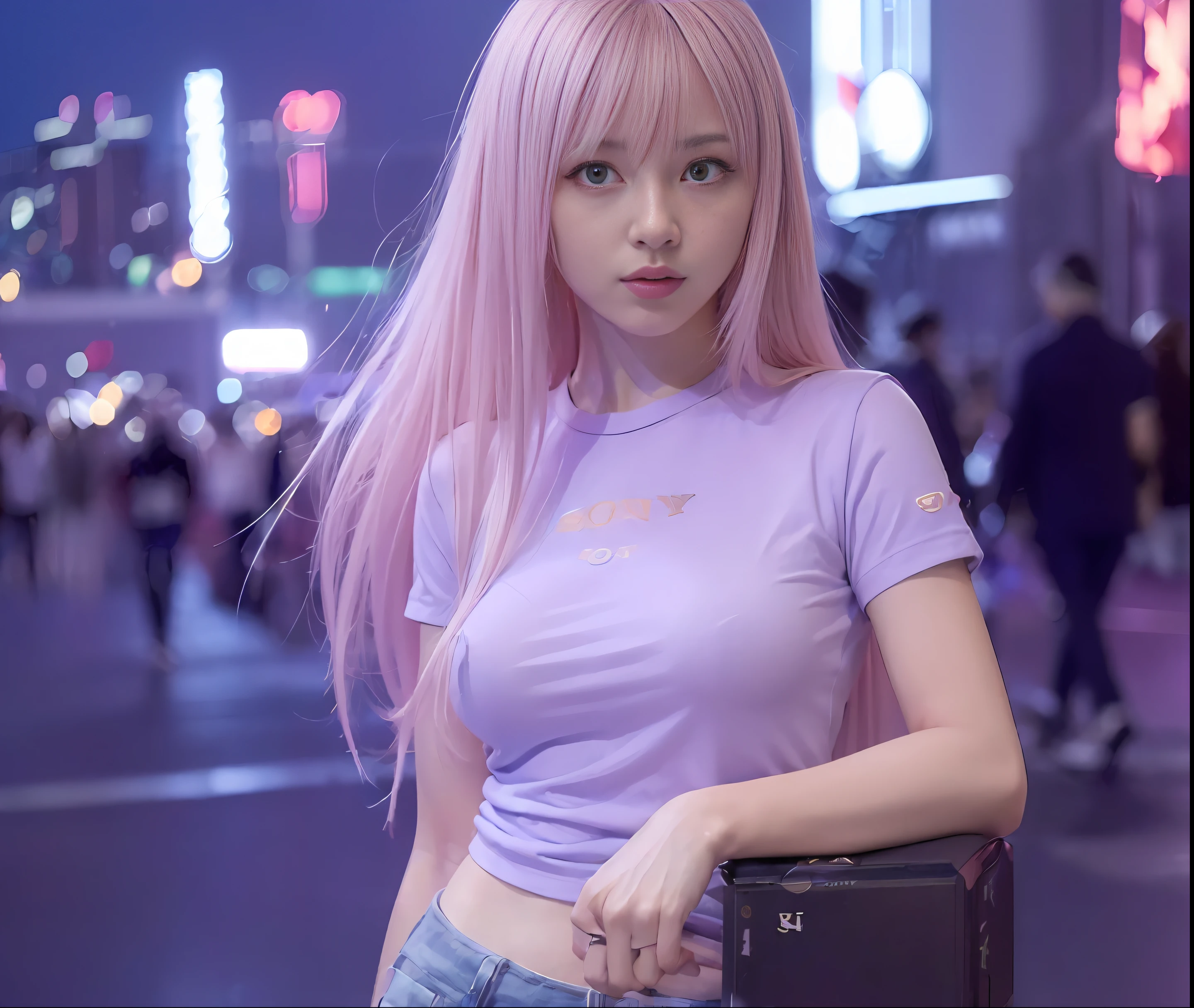 (masterpiece, best quality, 8K smooth, highres), 1girl, long light pink hair, big eyes, finely portrayed eyes, light purple glossy short sleeves on the upper body, light silver glossy jeans on the lower body, full body, Close-Up (CU), cinimatic Light, moonlight illuminating the city, hopeful,surrealism,(sony a7m4,F/2.3,80mm,RAW photo:1.6)