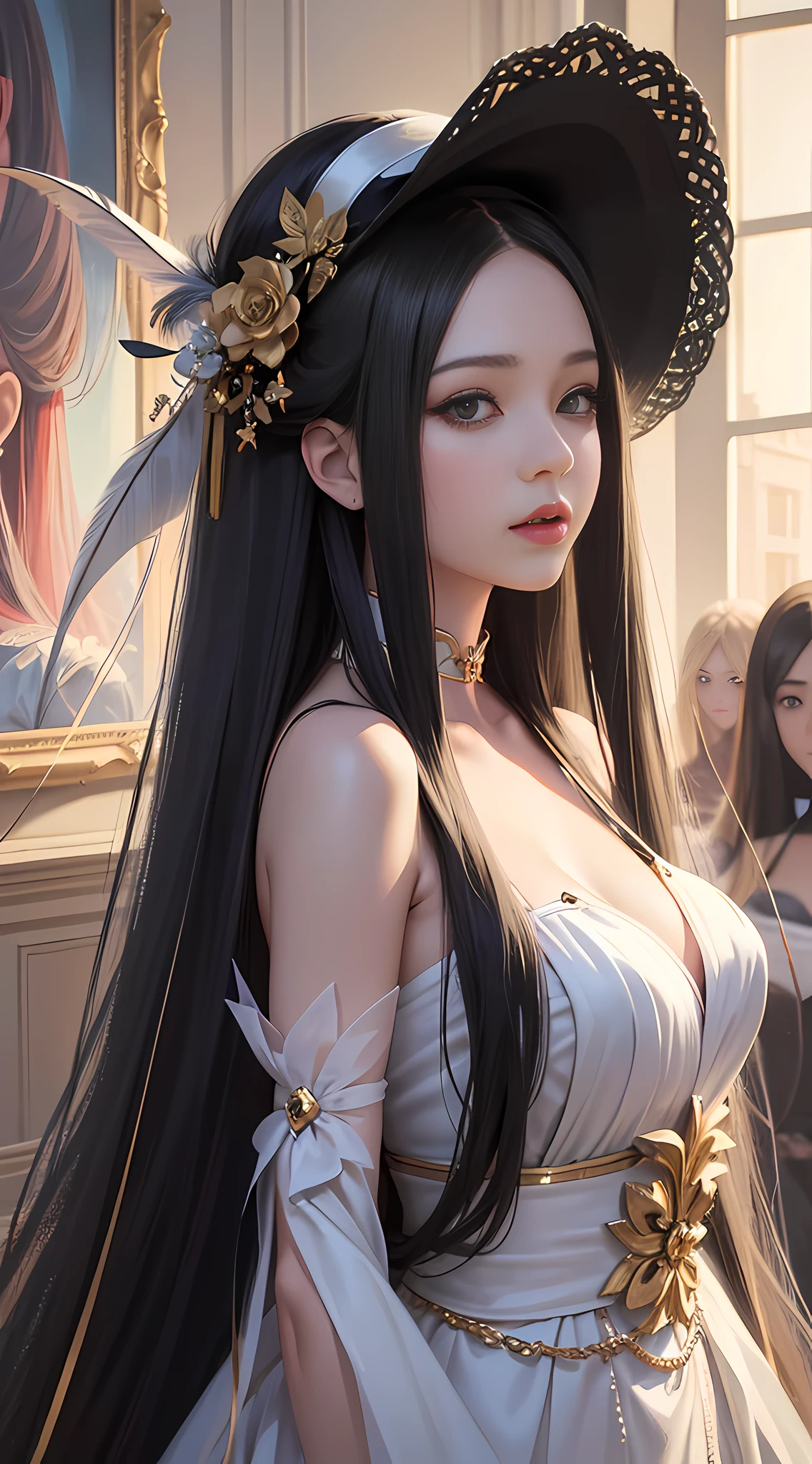 Drawing a woman with long hair and a feather hat, detailed portrait of anime girl, portrait anime girl, Artgerm. High detail, stunning anime face portrait, digital anime art, art germ. Anime illustration, detailed digital anime art, anime girl portrait, Guvez style artwork, realistic digital art 4k, realistic digital art 4k, realistic, aesthetic.