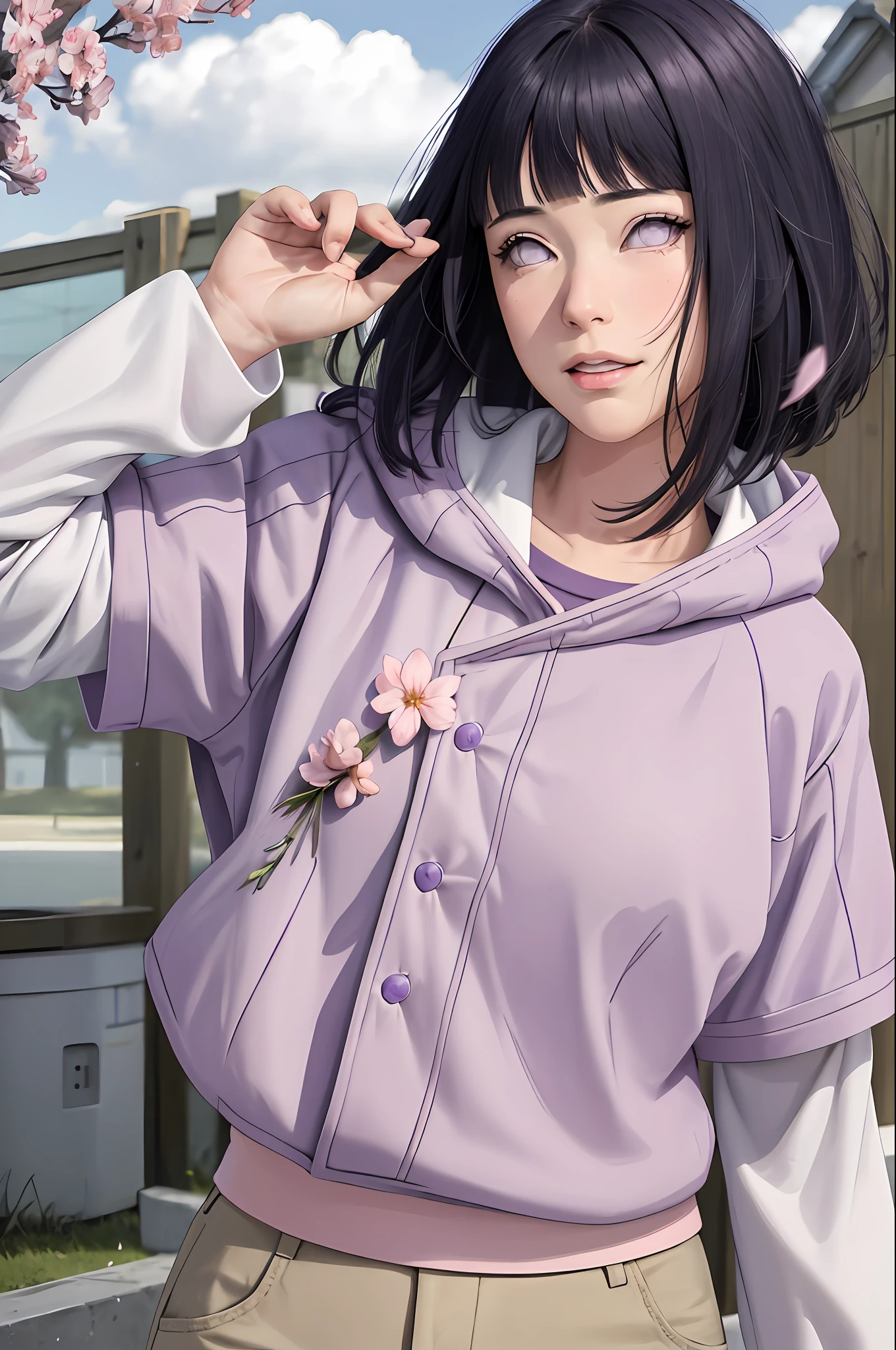 masterpiece, absurdres, hinata\(boruto\), 1girl, solo,mature female, purple hoodie,layered sleeves, brown pants, outdoors,lavender flower field, looking at viewer, (falling petals), cloudy sky, perfect composition, detailed lips, big breast, beautiful face, body propotion, blush, (pink lips), long hair, purple eyes, soft gaze, sad smile, super realistic, detailed, photoshoot, realistic face and body, realistic hair, realistic eyes, realistic nose, realistic lips