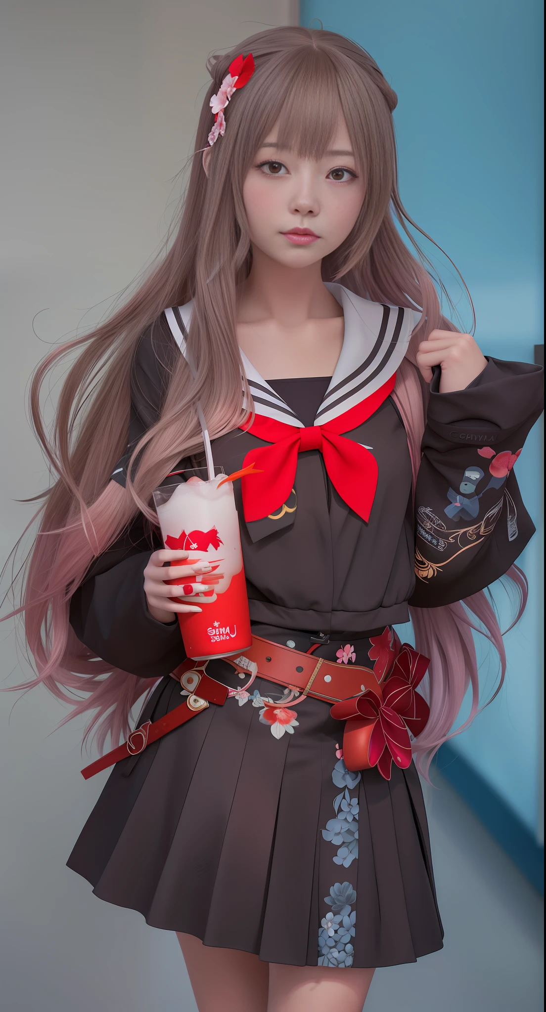 anime girl with long hair and a red bow holding a drink, 🌺 cgsociety, artwork in the style of guweiz, soda themed girl, guweiz, trending on cgstation, anime style. 8k, from girls frontline, anime style mixed with fujifilm, kantai collection style, anime girl drinks energy drink, anime styled 3d, girls frontline style