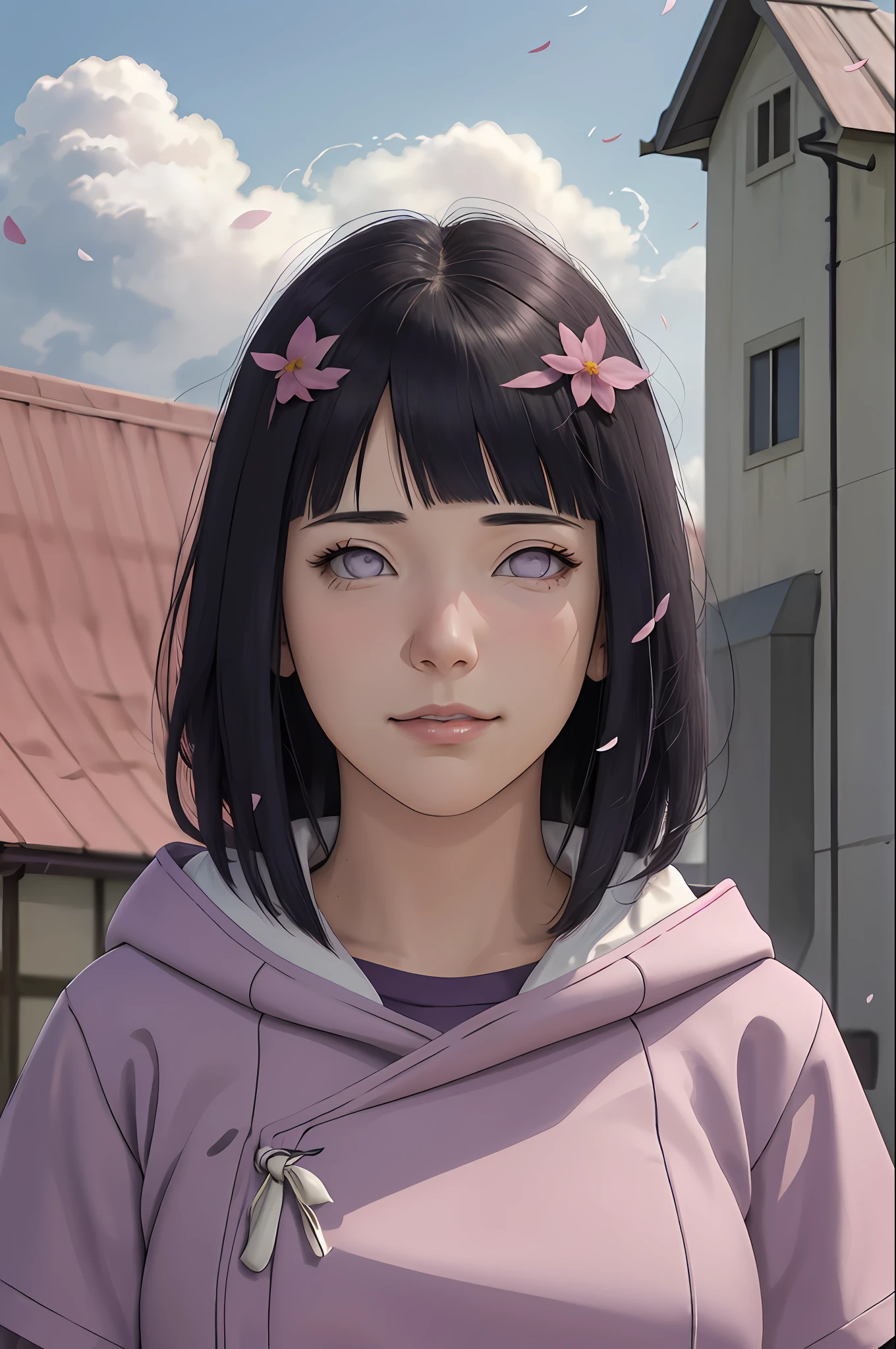 masterpiece, absurdres, hinata\(boruto\), 1girl, solo,mature female, purple hoodie,layered sleeves, brown pants,  outdoors,lavender flower field, looking at viewer, (falling petals), cloudy sky, perfect composition, detailed lips, big breast, beautiful face, body propotion, blush, (pink lips), long hair,  purple eyes,  soft gaze, sad smile,  super realistic, detailed, photoshoot, realistic face and body,  realistic hair, realistic eyes, realistic nose, realistic lips