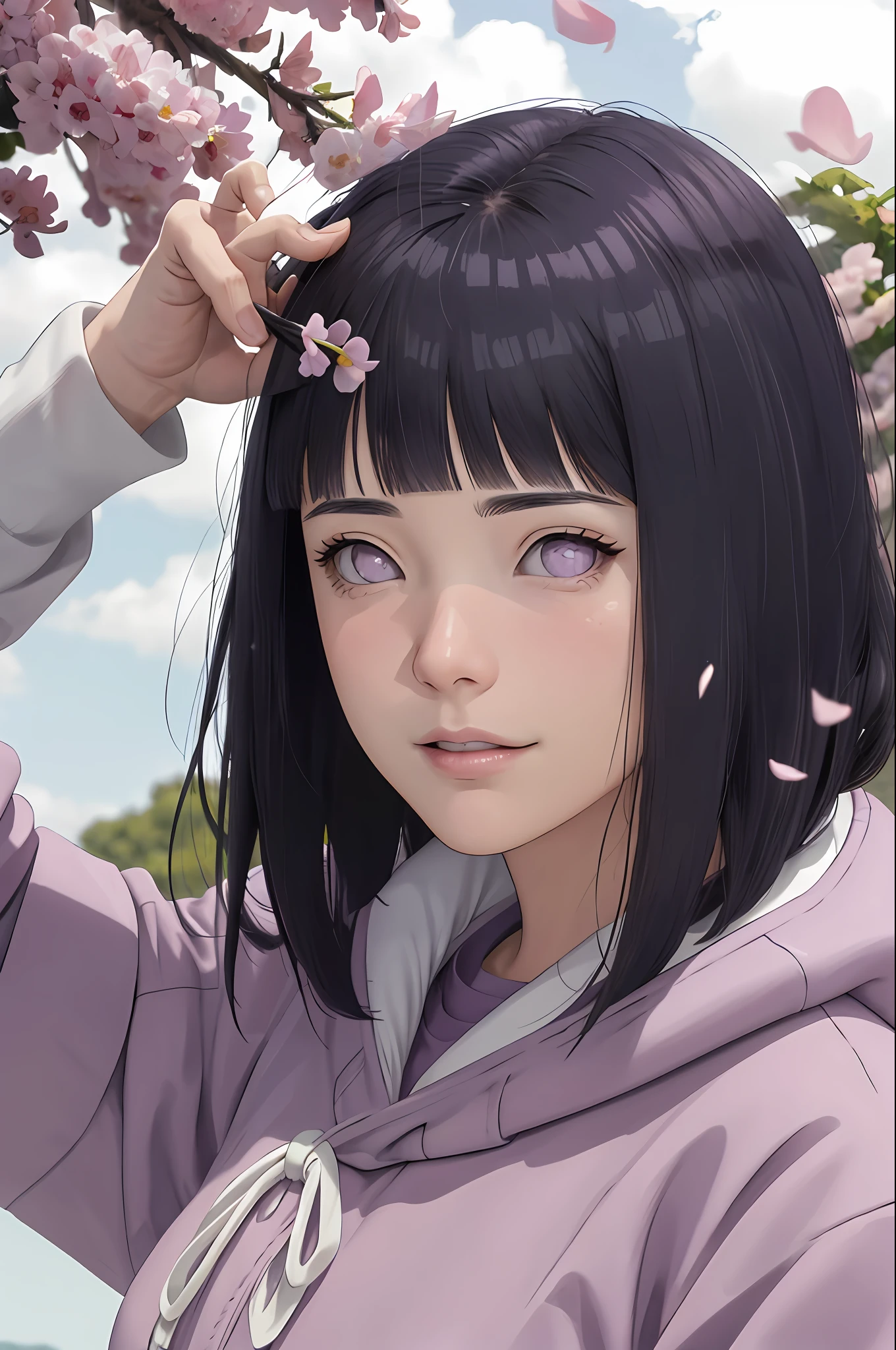 masterpiece, absurdres, hinata\(boruto\), 1girl, solo,mature female, purple hoodie,layered sleeves, brown pants,  outdoors,lavender flower field, looking at viewer, (falling petals), cloudy sky, perfect composition, detailed lips, big breast, beautiful face, body propotion, blush, (pink lips), long hair,  purple eyes,  soft gaze, sad smile,  super realistic, detailed, photoshoot, realistic face and body,  realistic hair, realistic eyes, realistic nose, realistic lips