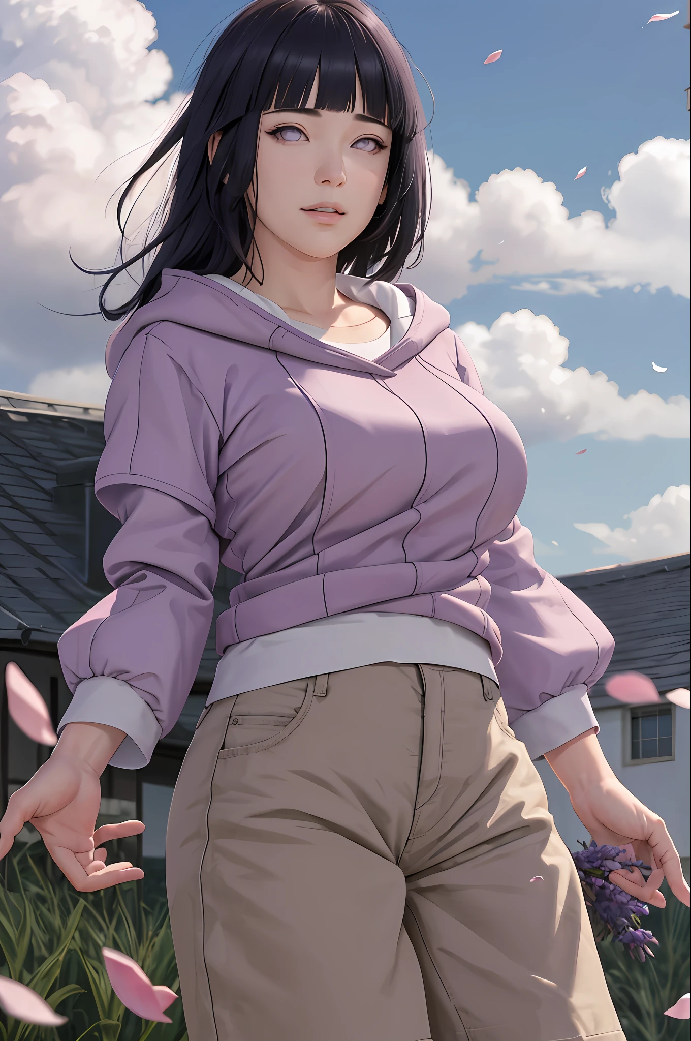 masterpiece, absurdres, hinata\(boruto\), 1girl, solo,mature female, purple hoodie,layered sleeves, brown pants,  outdoors,lavender flower field, looking at viewer, (falling petals), cloudy sky, perfect composition, detailed lips, big breast, beautiful face, body propotion, blush, (pink lips), long hair,  purple eyes,  soft gaze, sad smile,  super realistic, detailed, photoshoot, realistic face and body,  realistic hair, realistic eyes, realistic nose, realistic lips