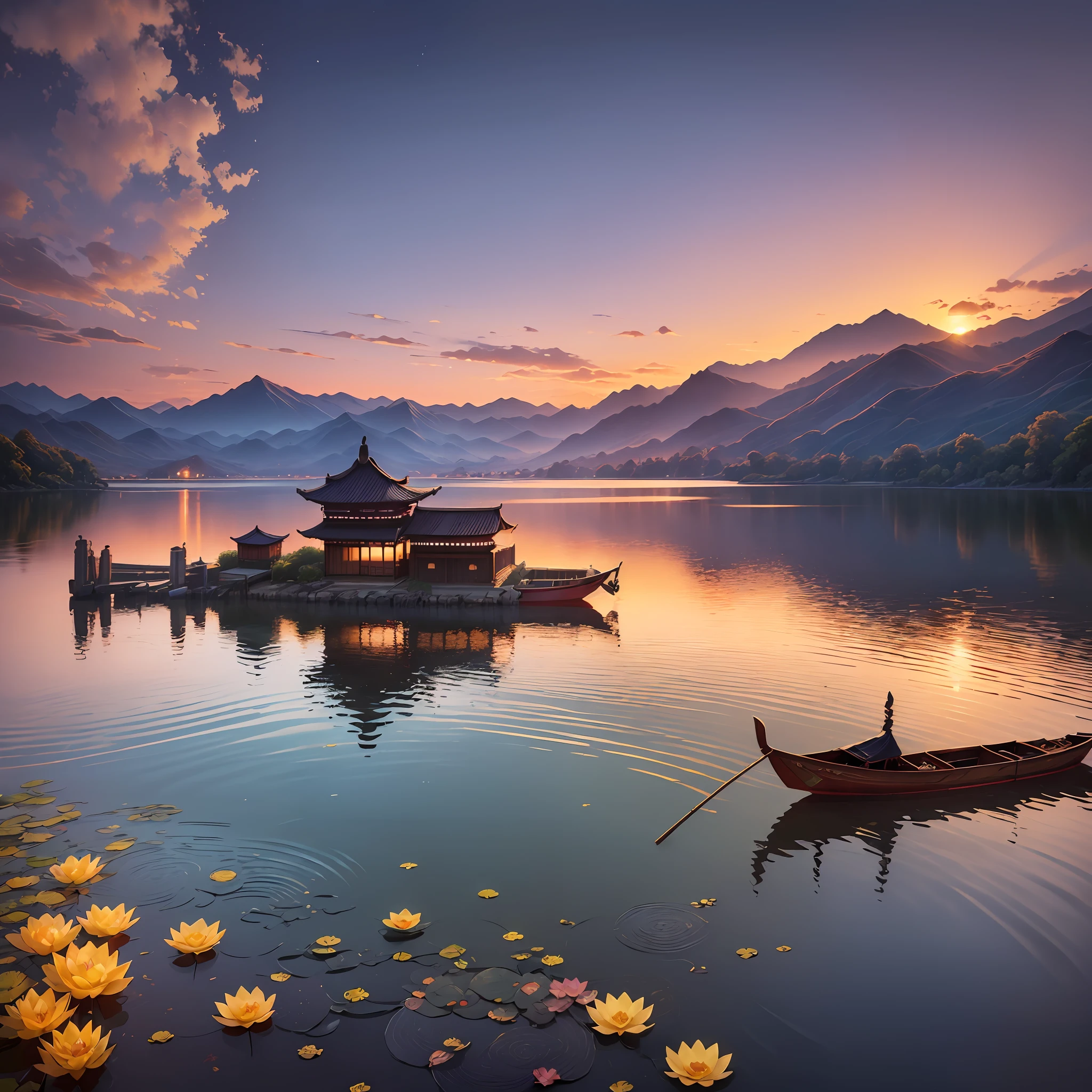 ((best quality)),((masterpiece)),((ultra-detailed)),((a dragon boat in a lotus pond floating in water)),((beautifully embroidered colorful silk sails on the boat)),((exquisitely crafted bamboo drum in the center of the boat)),((a beautiful carp flag waving at the bow of the boat)),((water shimmering with golden ripples)),((the distant mountains silhouetted against the sky)),((the setting sun casting a warm glow across the scene)),((a memory etched forever in time)) --auto --s2