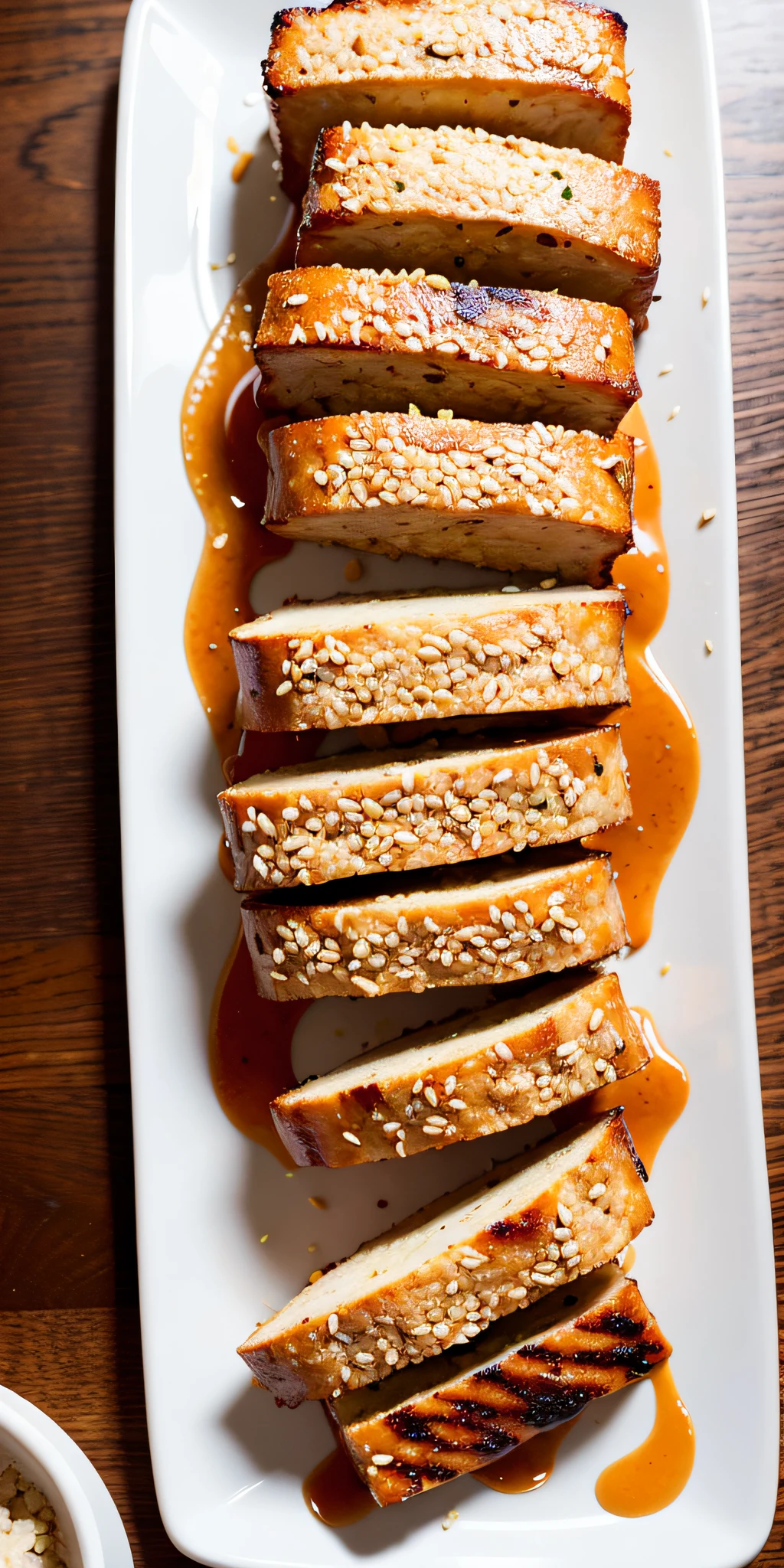 Imagine a juicy dish of grilled tempeh, perfectly gilded and slightly crispy on the outside. The interior is soft and delicately firm, offering a unique and satisfying taste. Carefully prepared, sesame sauce coats each piece of Tempeh, adding an irresistible touch of sweetness and a subtle touch of nuts. The presentation of the dish is impeccable, with the Tempeh artfully arranged on a white plate, decorated with a dash of toasted sesame seeds that provide a crunchy texture and a visually appealing touch. This harmonious combination of flavors and textures makes Grilled Tempeh with Sesame Sauce an irresistible choice for vegan food enthusiasts. It is a true gastronomic experience that is sure to satisfy even the most demanding palates, food photography, food style, long shot, 85 mm lens, f 11, studio photography, ultra detailed, octane rendering, 8k,--q 2 --s 6000