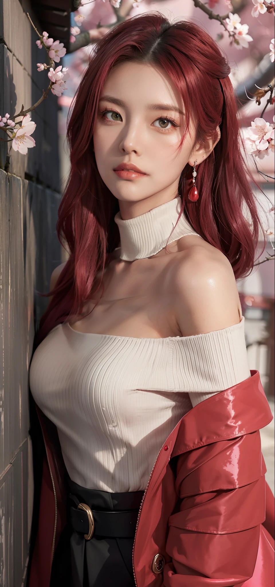 (Masterpiece, Excellent, 1girl, solo, complex details, color difference), realism, ((medium breath)), off-the-shoulders, big breasts, sexy, Yae Miko, long pink hair, red headdress, red highlight, hair above one eye, green eyes, earrings, sharp eyes, perfectly symmetrical figure, choker, neon shirt, open jacket, turtleneck sweater, against the wall, brick wall, graffiti, dim lighting, alley, looking at the audience, ((mean, seductive, charming)), ((cherry blossom background ))),((Japanese temple background)))), (((Glow-in-the-dark background)))