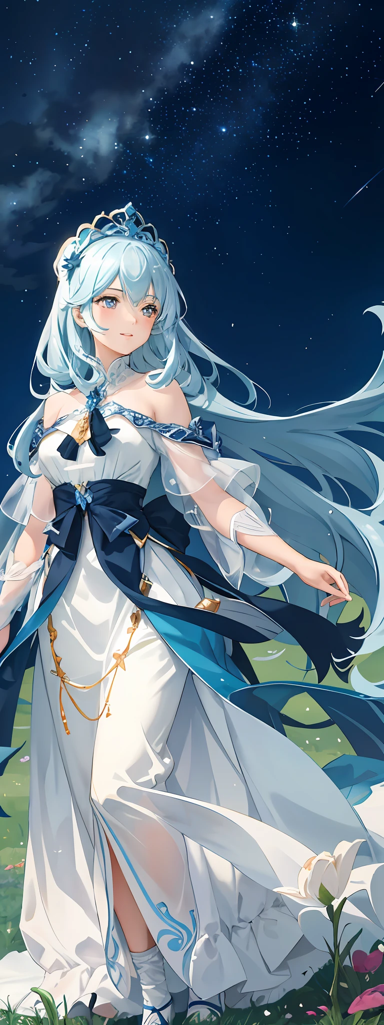 Under the starry sky, a girl stood in the grass. Her figure is small, but her femininity and confidence cannot be ignored. The light-colored clothes fluttered gently in the breeze, as if they were in harmony with the firmament. Her eyes were as deep as a deep pool, gazing at every point of light in the starry sky, as if thinking about something great and mysterious. She had a smile on her face, and the corners of her pretty lips fluttered, as if she was walking in a sea of flowers. However, she stood there silently, allowing the passage of time to echo the light flowing in the starry sky. On such a grassy field, under such a starry sky, it seems peaceful and peaceful, and her existence undoubtedly adds a beauty and brilliance.